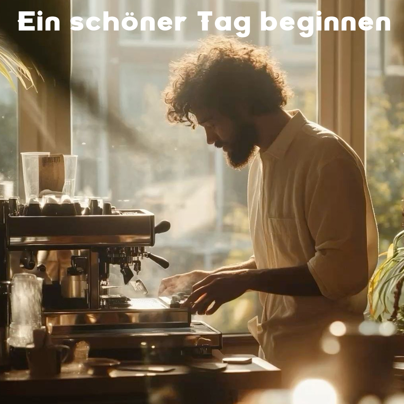 Mann in einem sonnigen Café, der mit einer professionellen Espressomaschine Kaffee zubereitet.