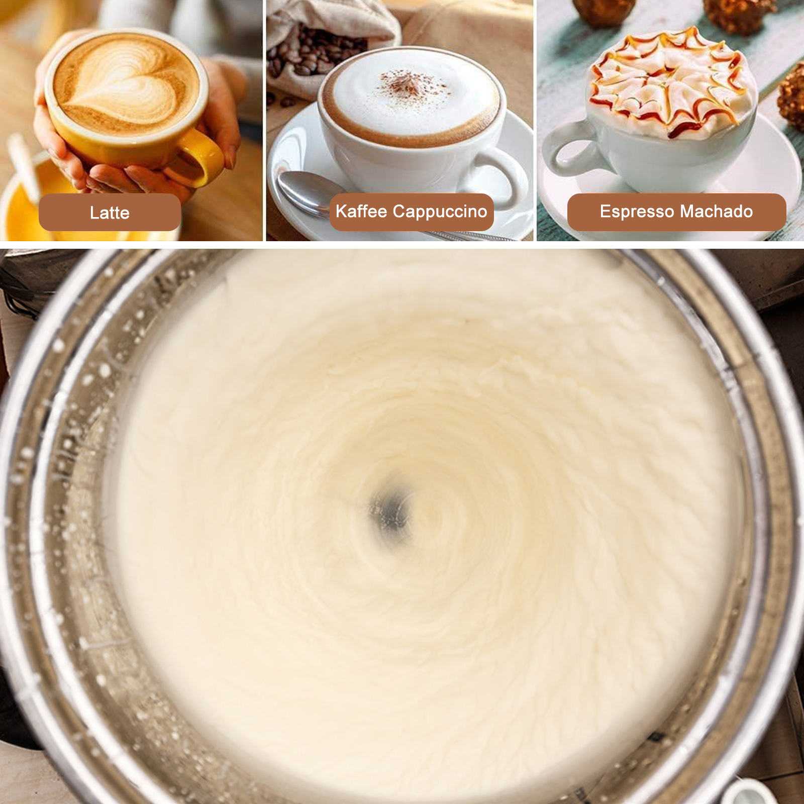 Drei Kaffeegetränke: Latte, Cappuccino und Espresso Machado, mit milchigem Schaum.
