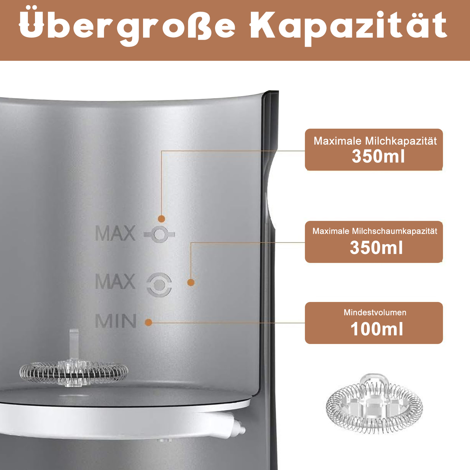 Nahaufnahme eines Milchaufschäumers mit Füllstandsanzeigen und Aufschäummechanismus.
