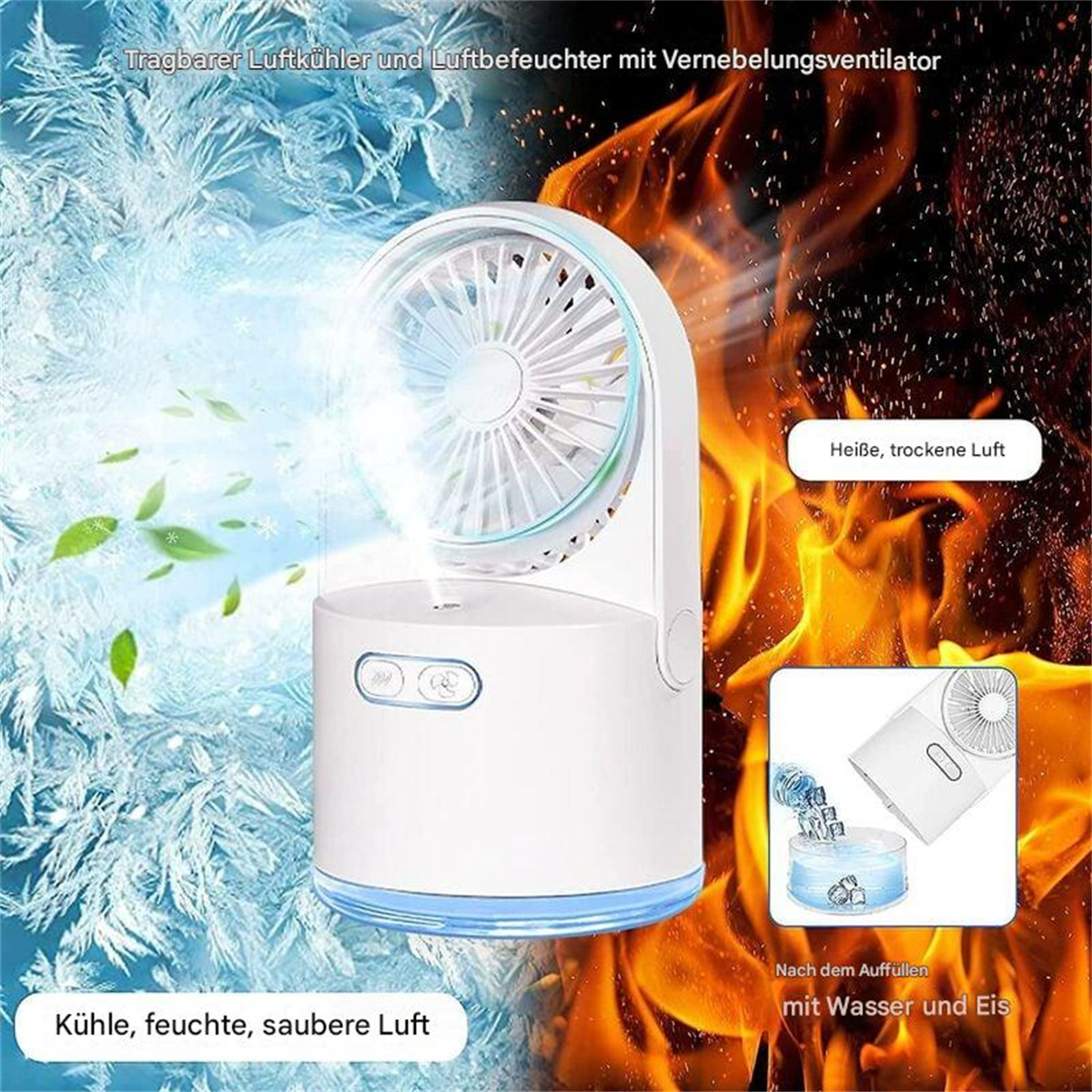 Tragbarer Luftkühler mit Ventilator, mit Eis und Wasser dargestellt. Deutscher Text weist auf Kühl- und Trockenluftoptionen hin.