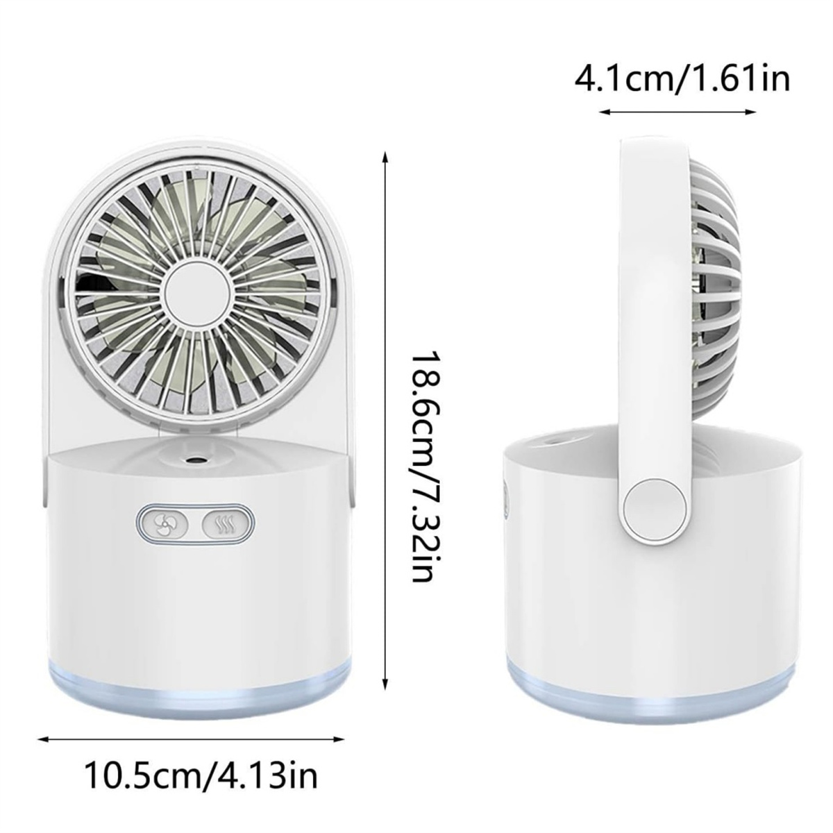 Zwei Ansichten eines weißen tragbaren Ventilators, dessen Abmessungen in cm und Zoll angegeben sind. Schlichtes Design mit rundem Ventilatorkopf.