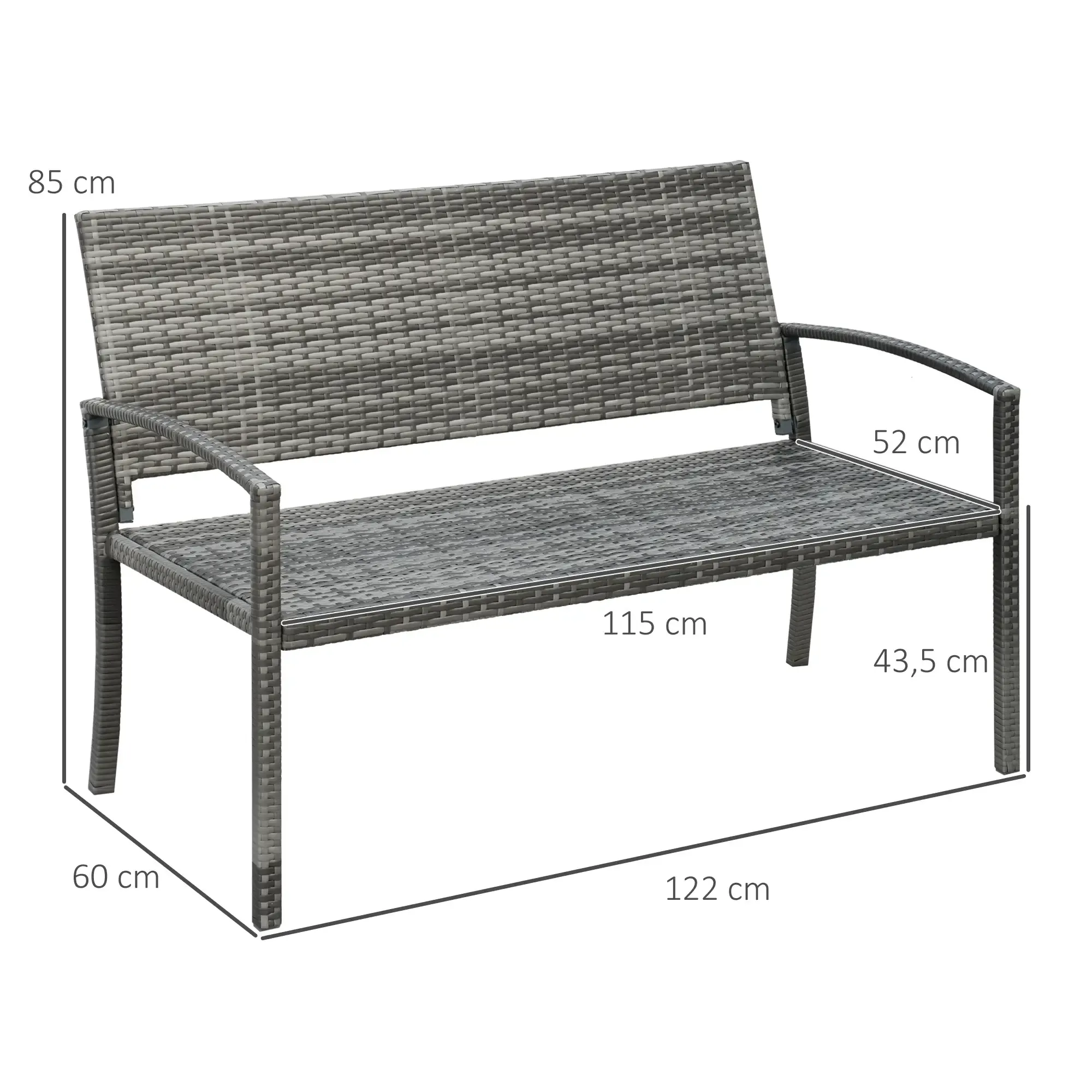 Eine graue, gewebte Bank. Abmessungen: 122x115x60cm. Sitzhöhe 43,5 cm. Rückenhöhe 85 cm. Sitztiefe 52 cm.