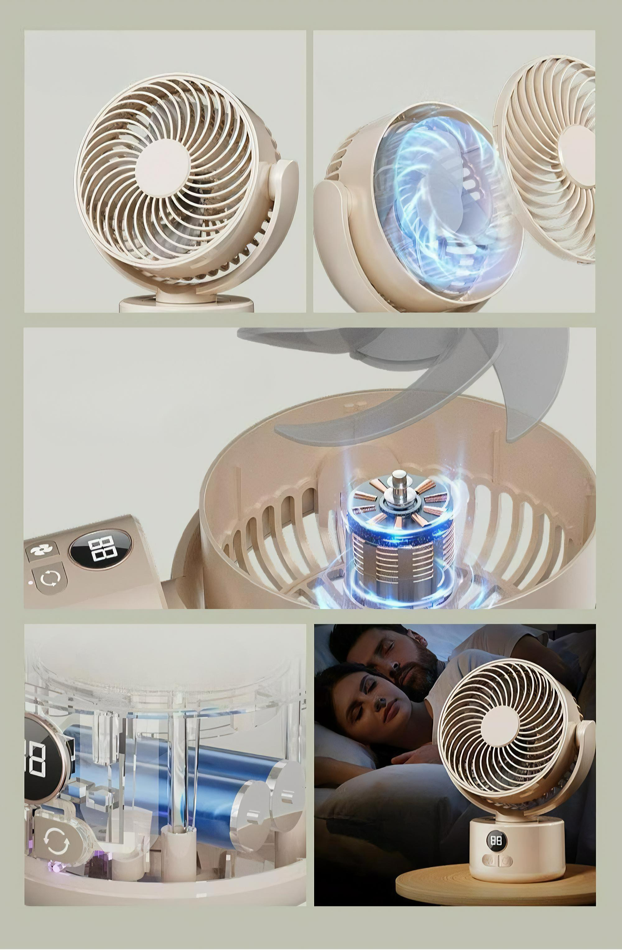 Mehrere Bilder eines beigefarbenen Ventilators, einschließlich Nahaufnahmen der Lüfterflügel, des Motors und der Anzeigeschnittstelle.