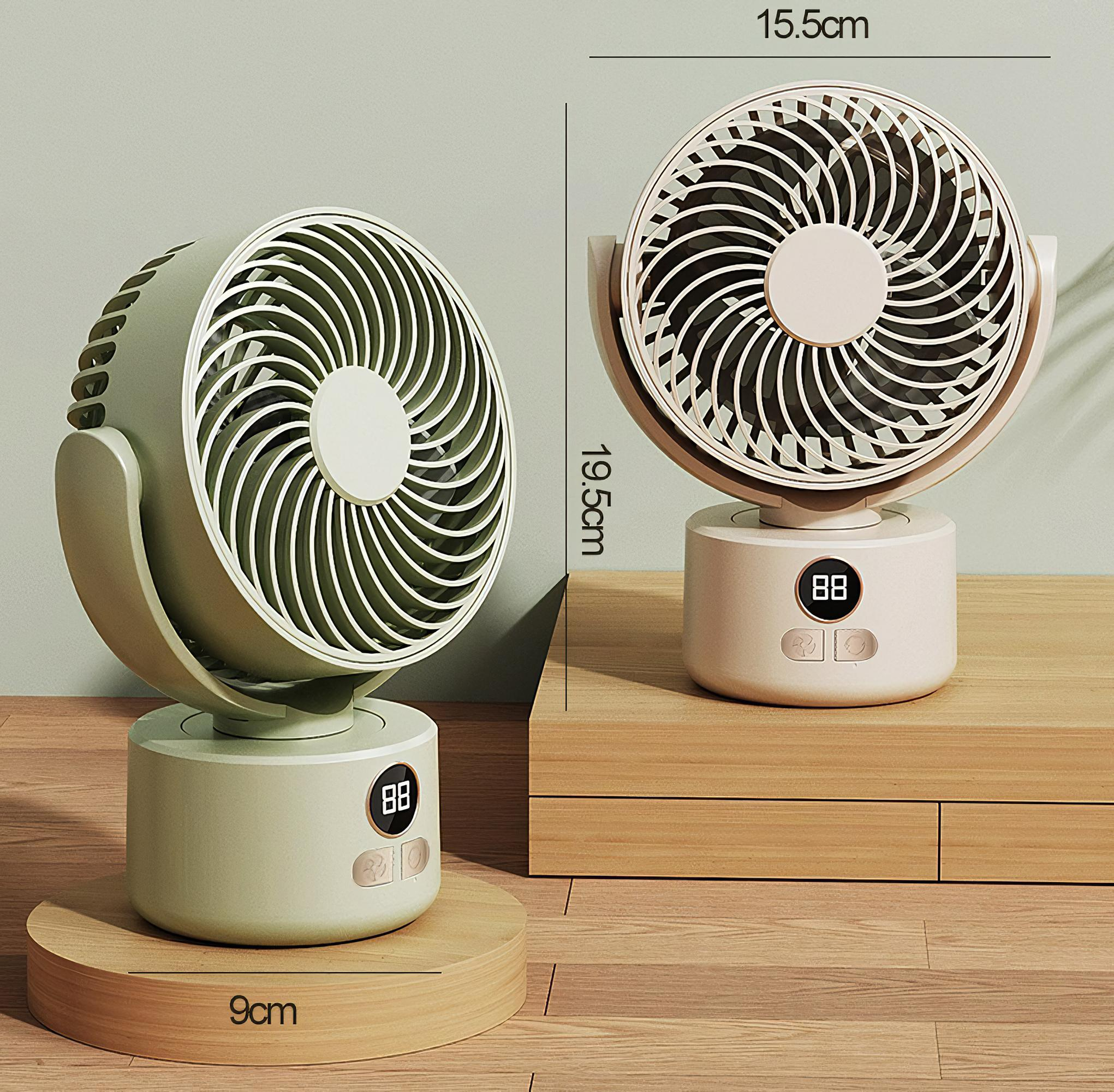 Zwei kleine Ventilatoren, einer grün und einer beige, nebeneinander, die ihre Abmessungen und Digitalanzeigen zeigen.
