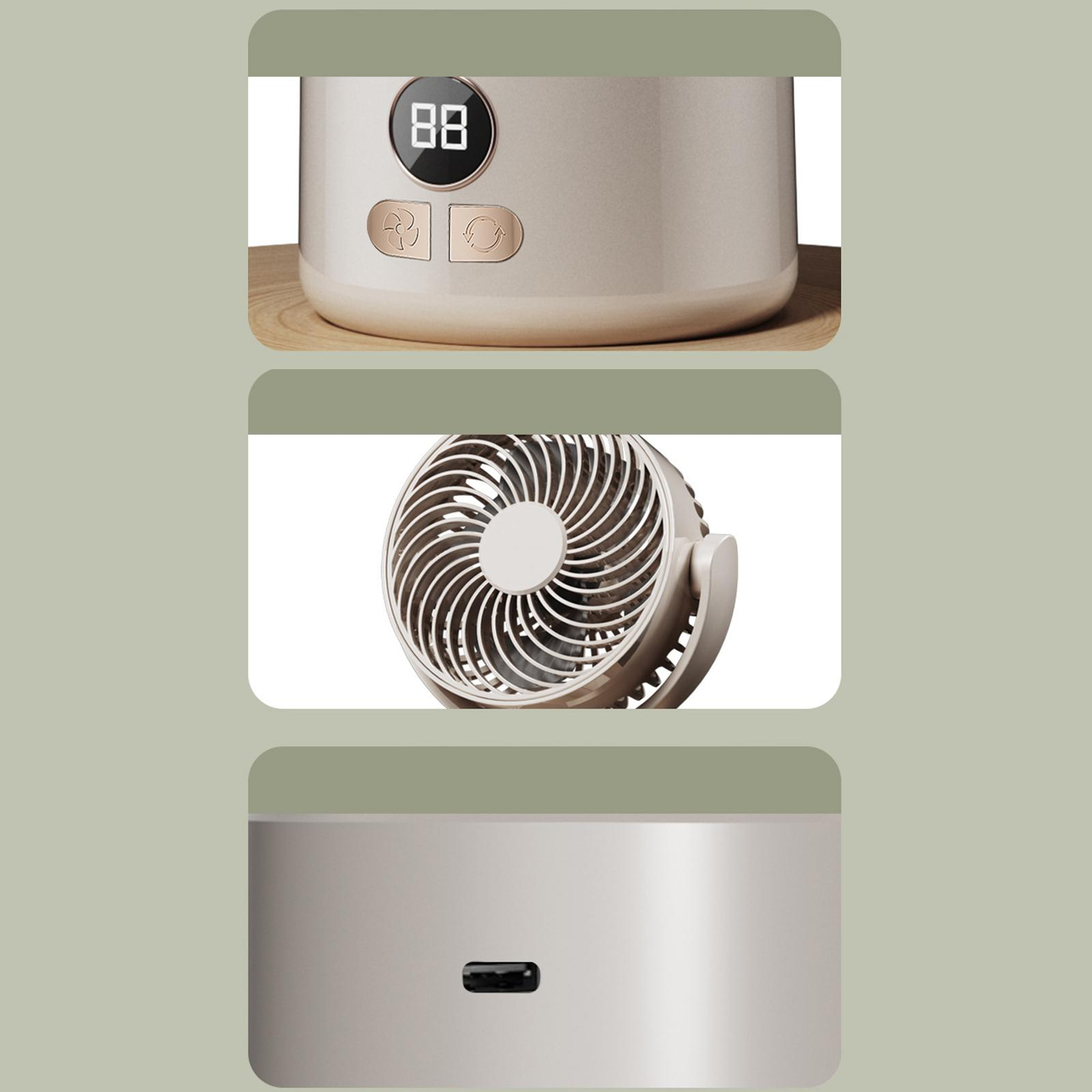 Nahaufnahme eines beigefarbenen Ventilators mit drei separaten Bildern, die die Details des Ventilators und seines USB-Anschlusses zeigen.