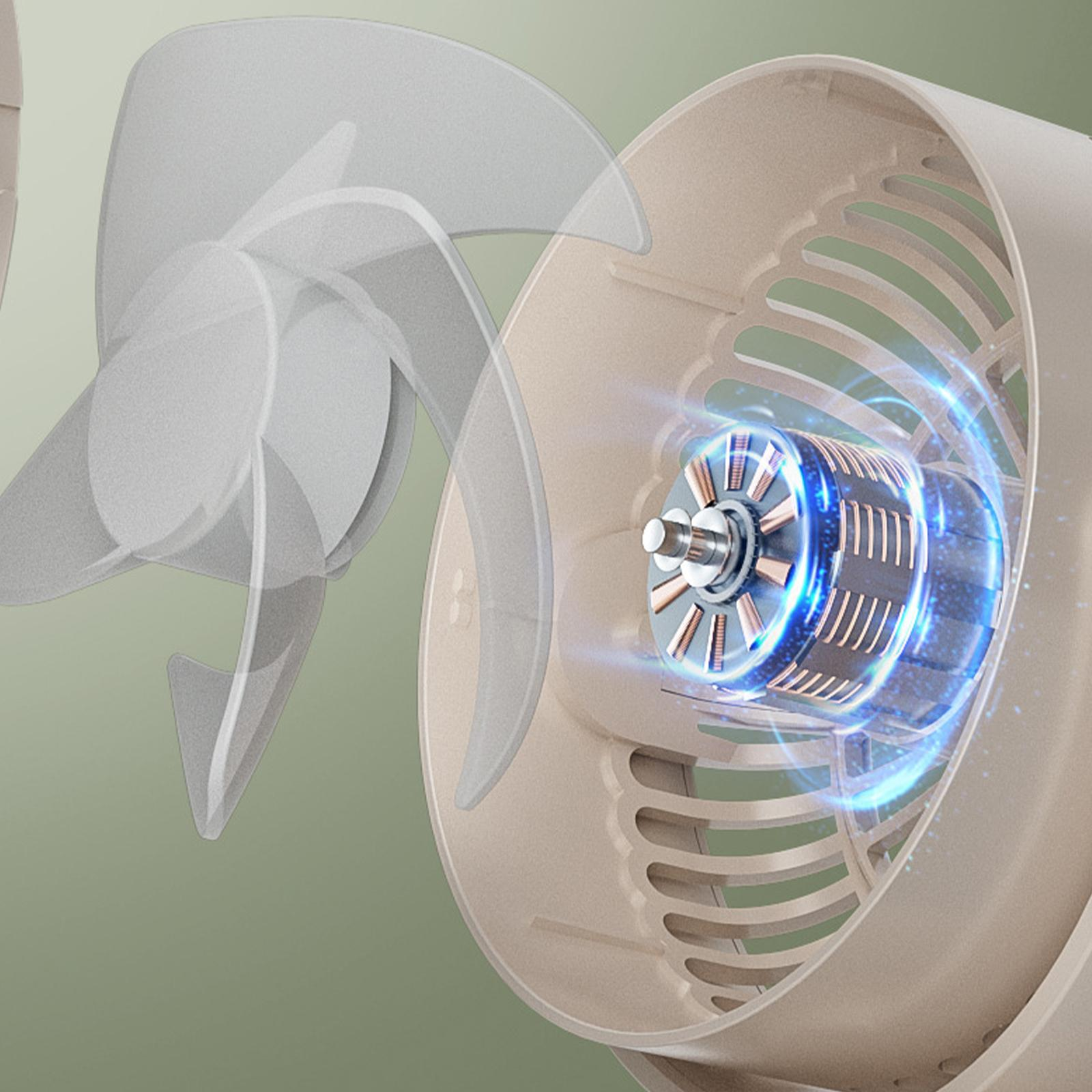 Eine Explosionsansicht eines beigefarbenen Ventilators, die das Innenleben, die Lüfterflügel und den Elektromotor zeigt.