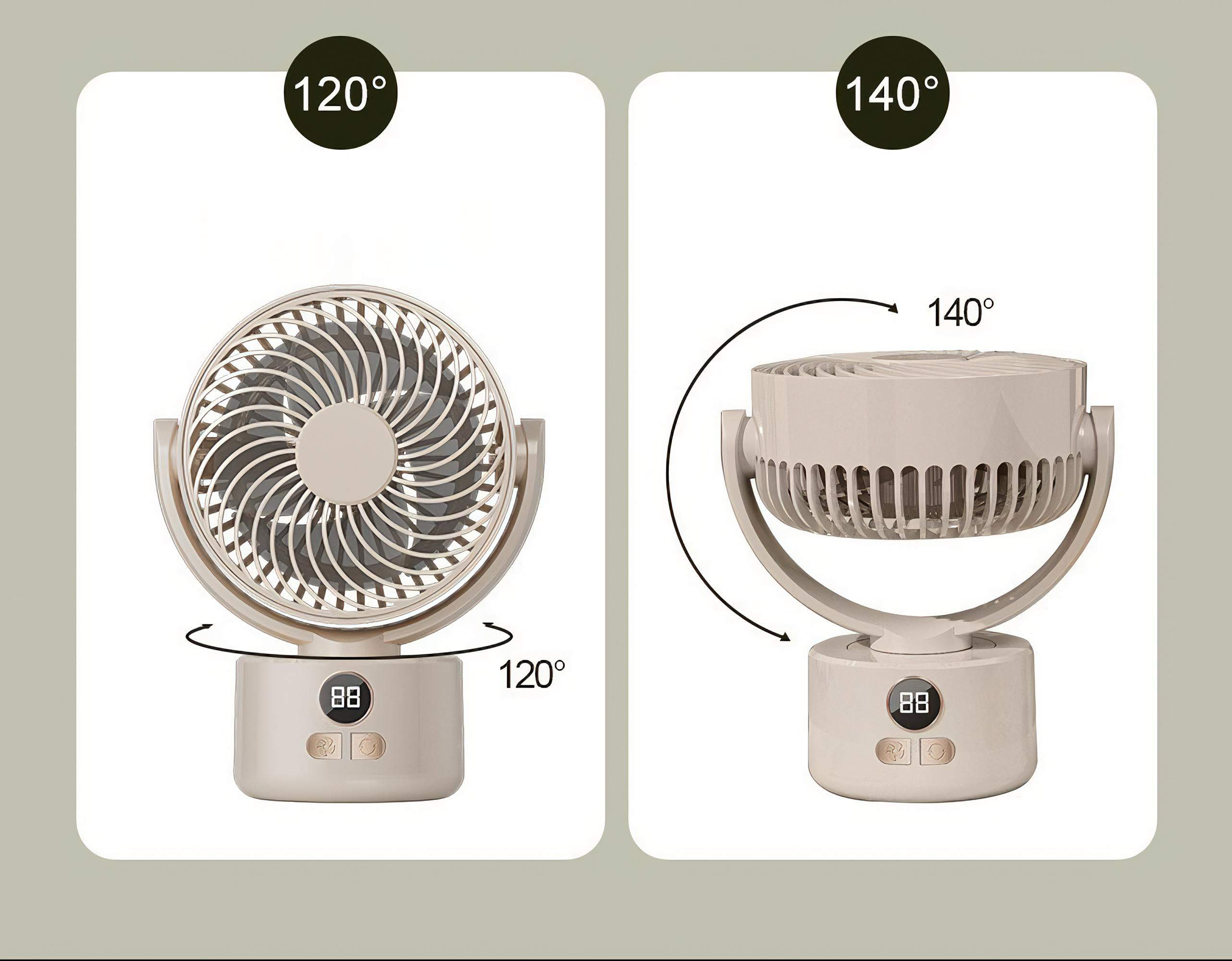 Zwei Bilder des beigefarbenen Ventilators, die die Rotationswinkel von 120 und 140 Grad mit Digitalanzeige auf dem Sockel zeigen.