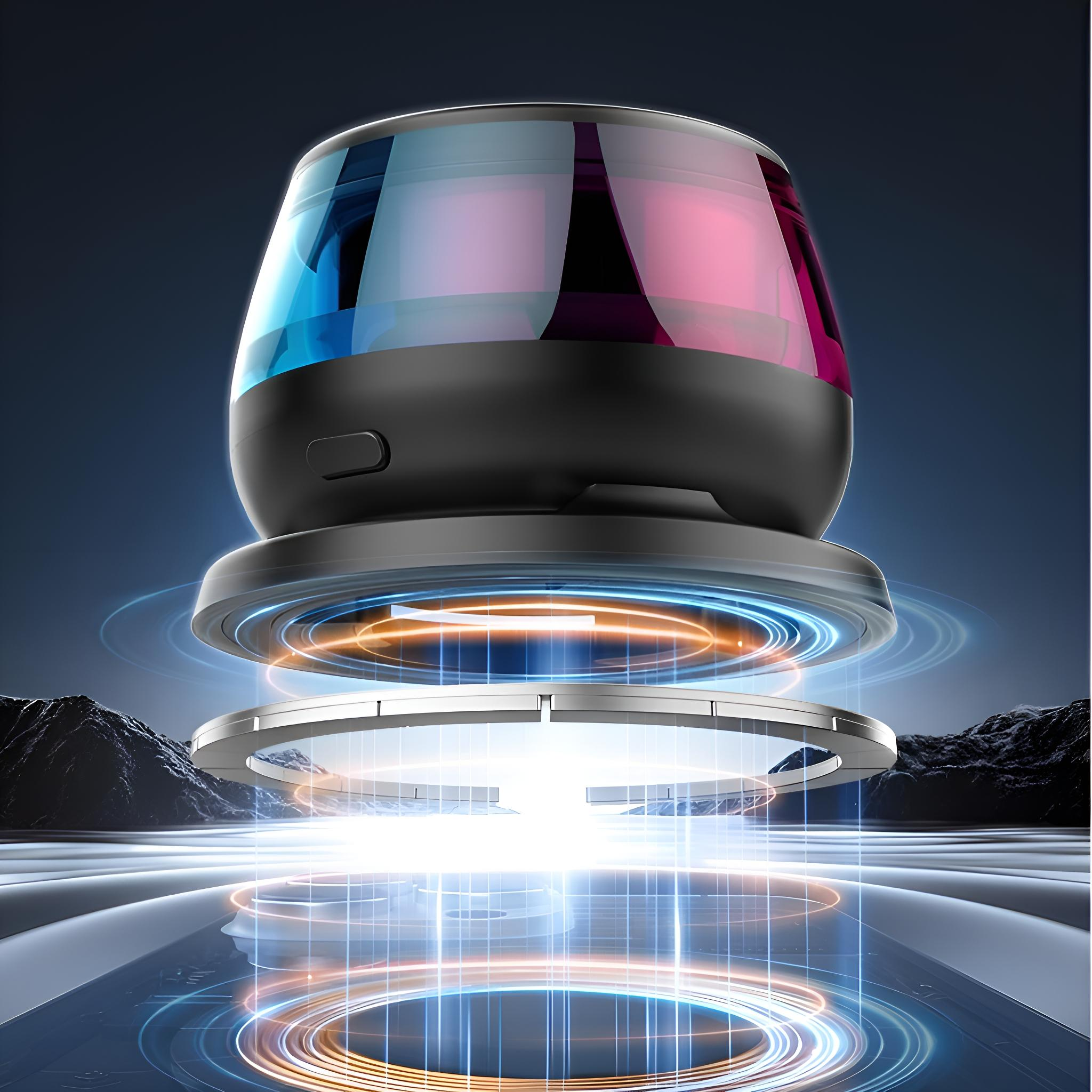 Ein futuristisches Gerät, das mit einem leuchtenden Ring schwebt, vor dunklem Hintergrund.