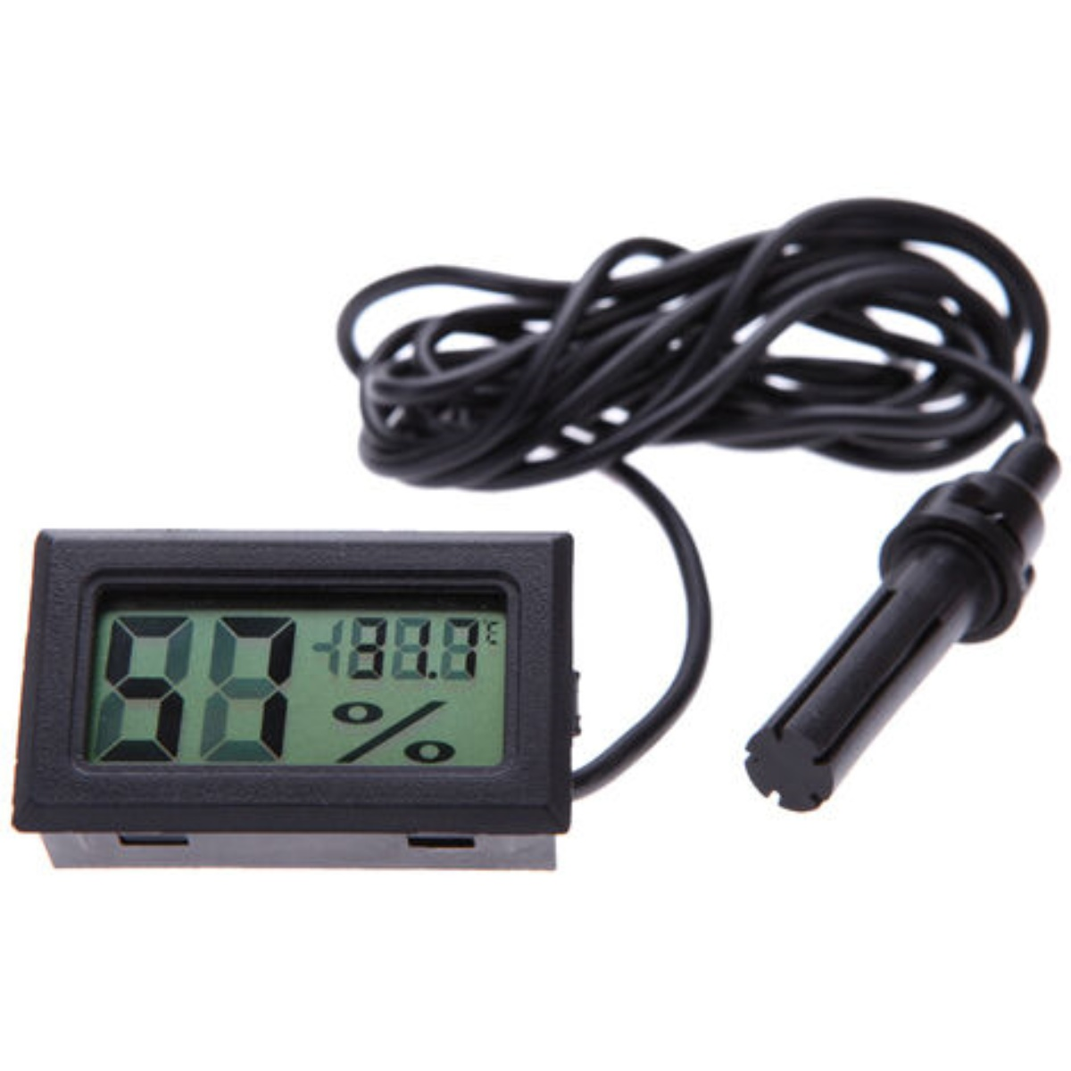 Ein digitales Thermometer mit schwarzem Display. Es zeigt Feuchtigkeit und Temperatur an. Angeschlossen ist ein schwarzes Sensorkabel.