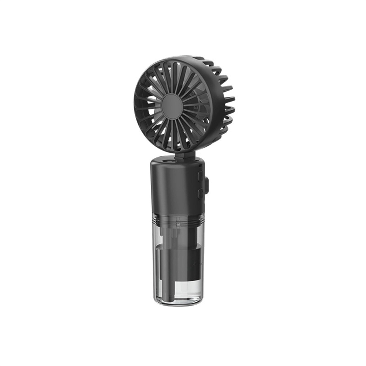 Ein schwarzer tragbarer Ventilator mit Wasserreservoir, isoliert auf Weiß.