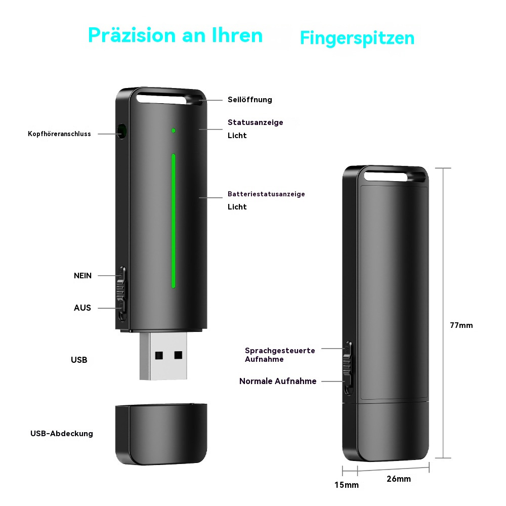 Diagramm eines schwarzen Aufnahmegeräts mit Beschriftungen, das Funktionen und Maße zeigt.