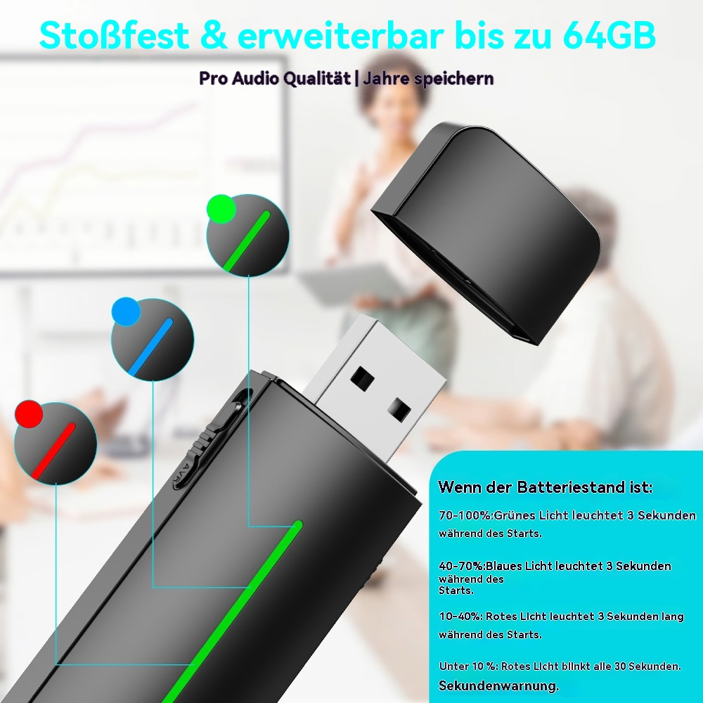 Ein schwarzes Aufnahmegerät mit farbigen Lichtern, das den Batteriestatus und den Aufnahmemodus anzeigt.