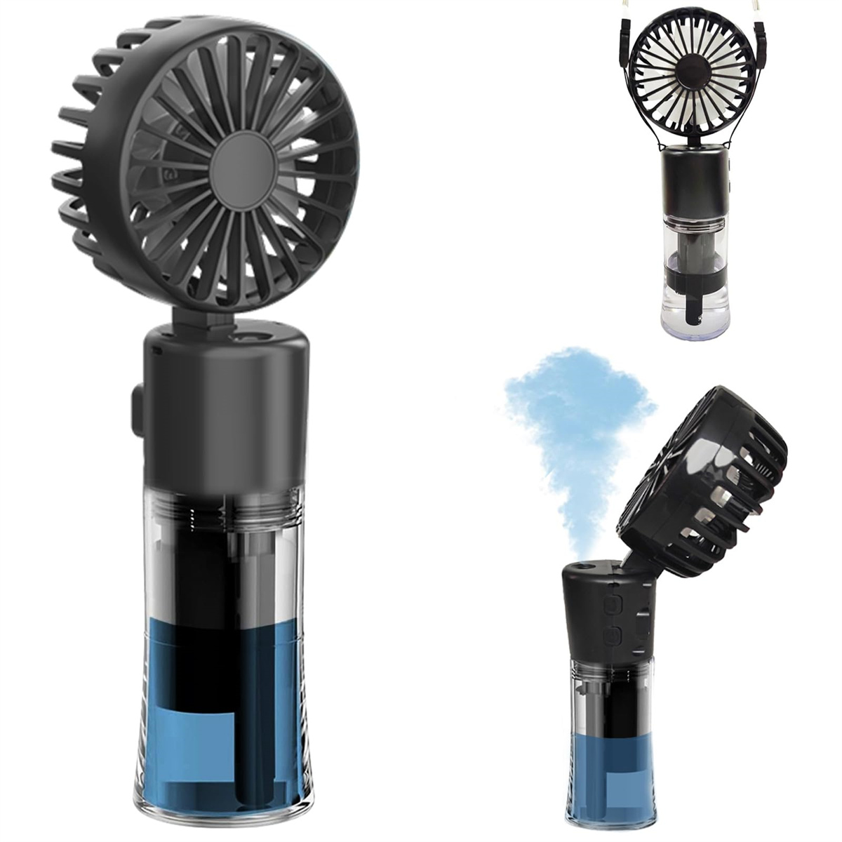 Ein tragbarer Ventilator mit Wasserspray, in verschiedenen Ansichten mit blauem Nebel gezeigt.