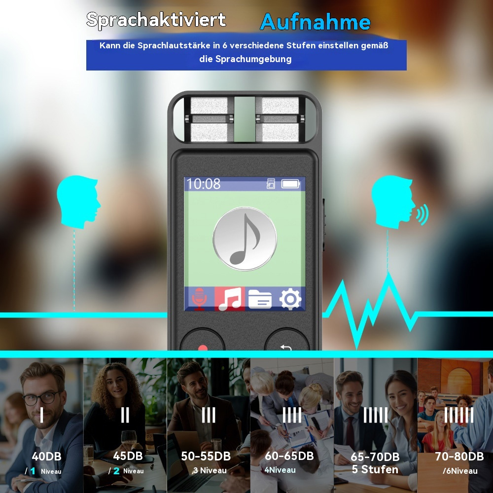 Ein digitales Sprachaufnahmegerät mit einem Bildschirm, der Zeit und ein Musiknotensymbol anzeigt, mit Personensilhouetten.