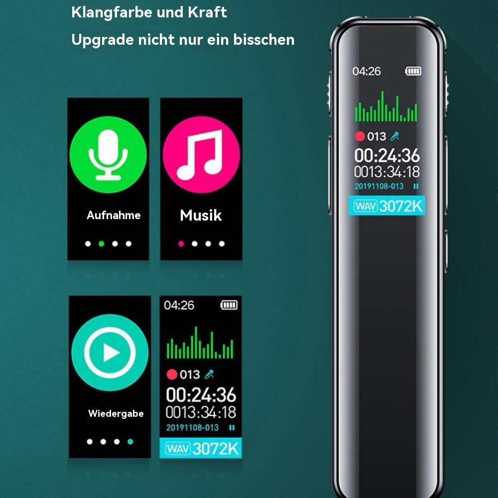 Ein schwarzes digitales Sprachaufnahmegerät mit einem Display, das Aufnahmeinformationen und Symbole anzeigt.
