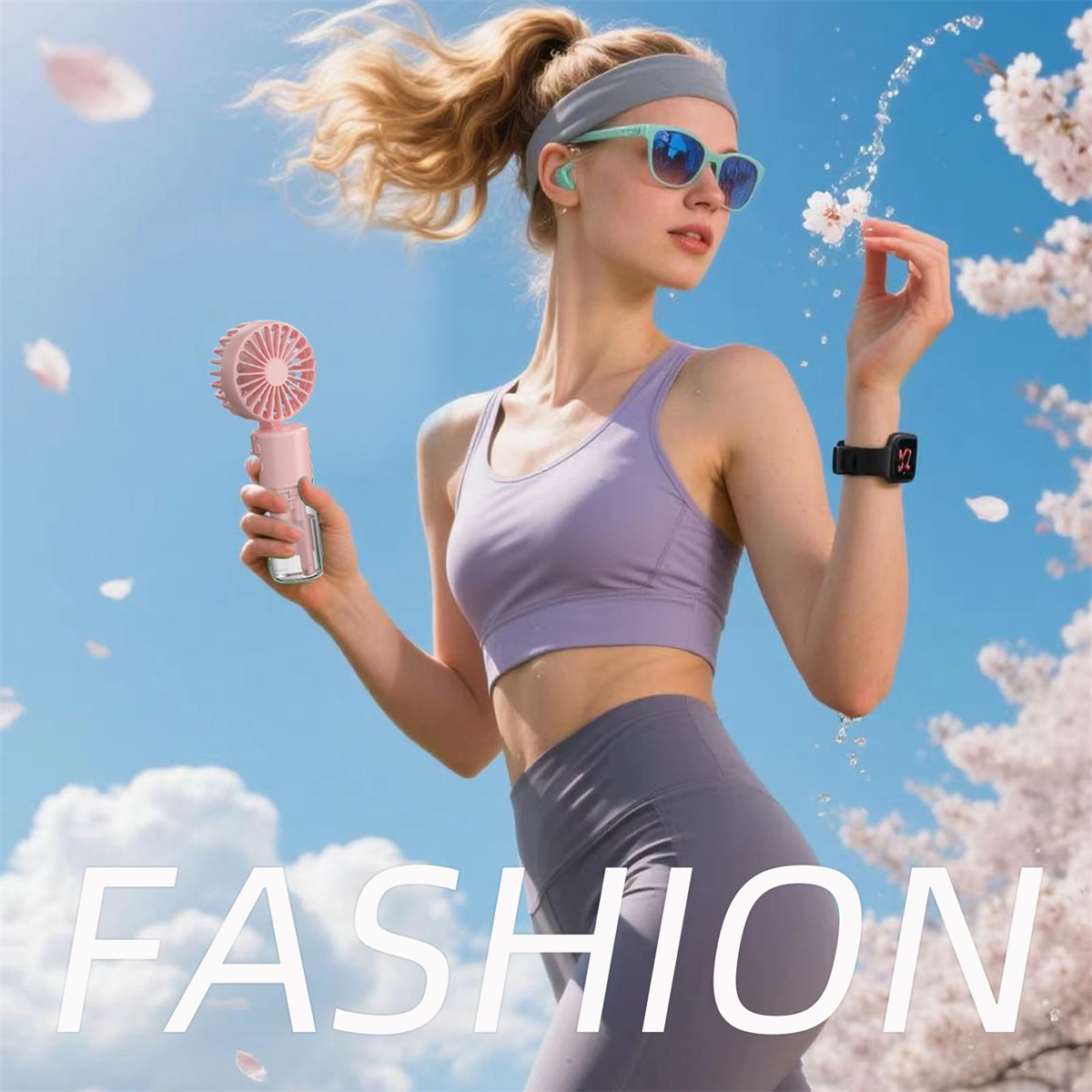 Eine Frau in Sportkleidung hält einen rosa Handventilator im Freien, mit Blumen und blauem Himmel.
