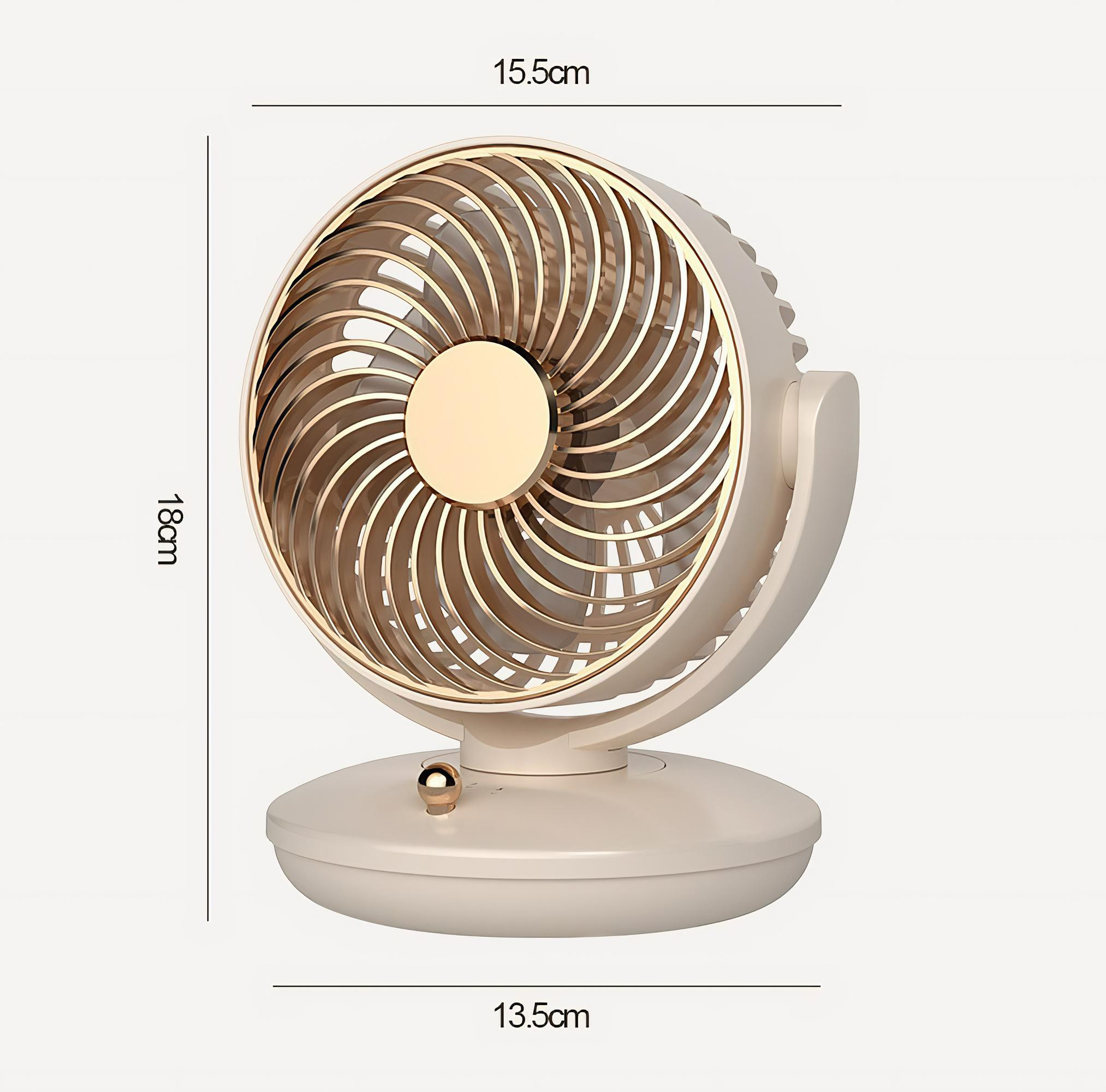 Ein Ventilator mit Maßen: 18cm hoch, 15,5cm breit und 13,5cm Basis. Gold- und Cremefarben.