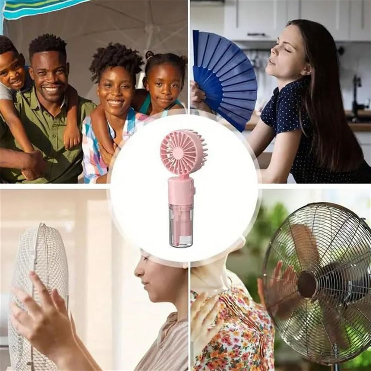 Eine Collage von Menschen, die Ventilatoren benutzen: rosa Handventilator, blauer Papierfächer, großer Metall.