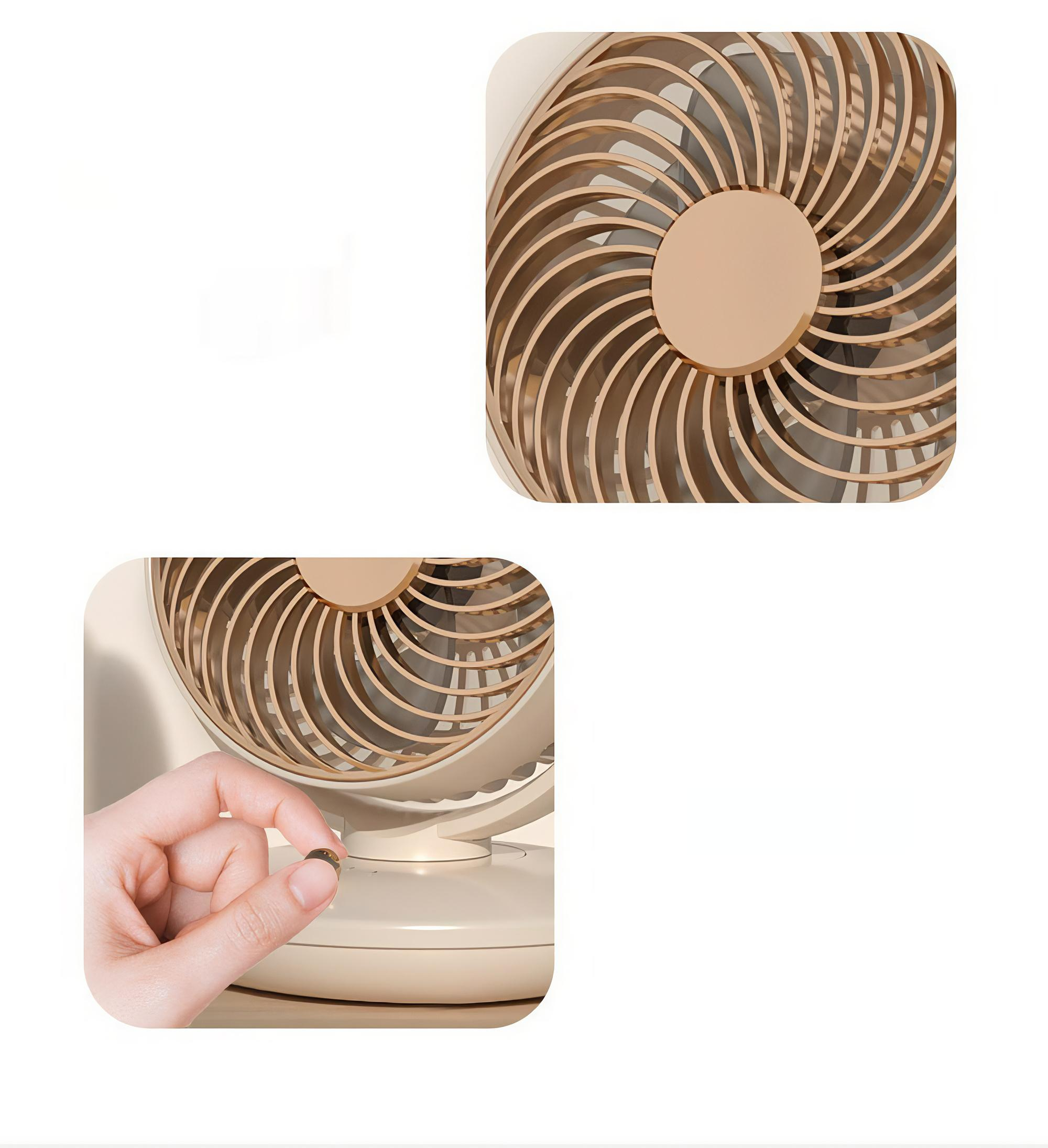 Nahaufnahme des Lüfterblattdesigns und des Sockels mit Knopf. Beige- und Goldtöne dominieren.