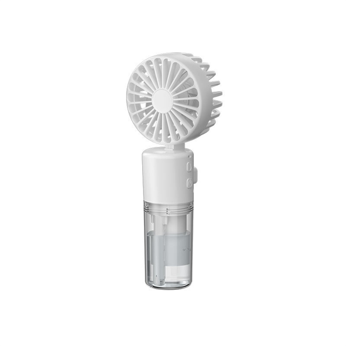 Ein weißer Handventilator mit Ventilator und Wassertank auf weißem Hintergrund.