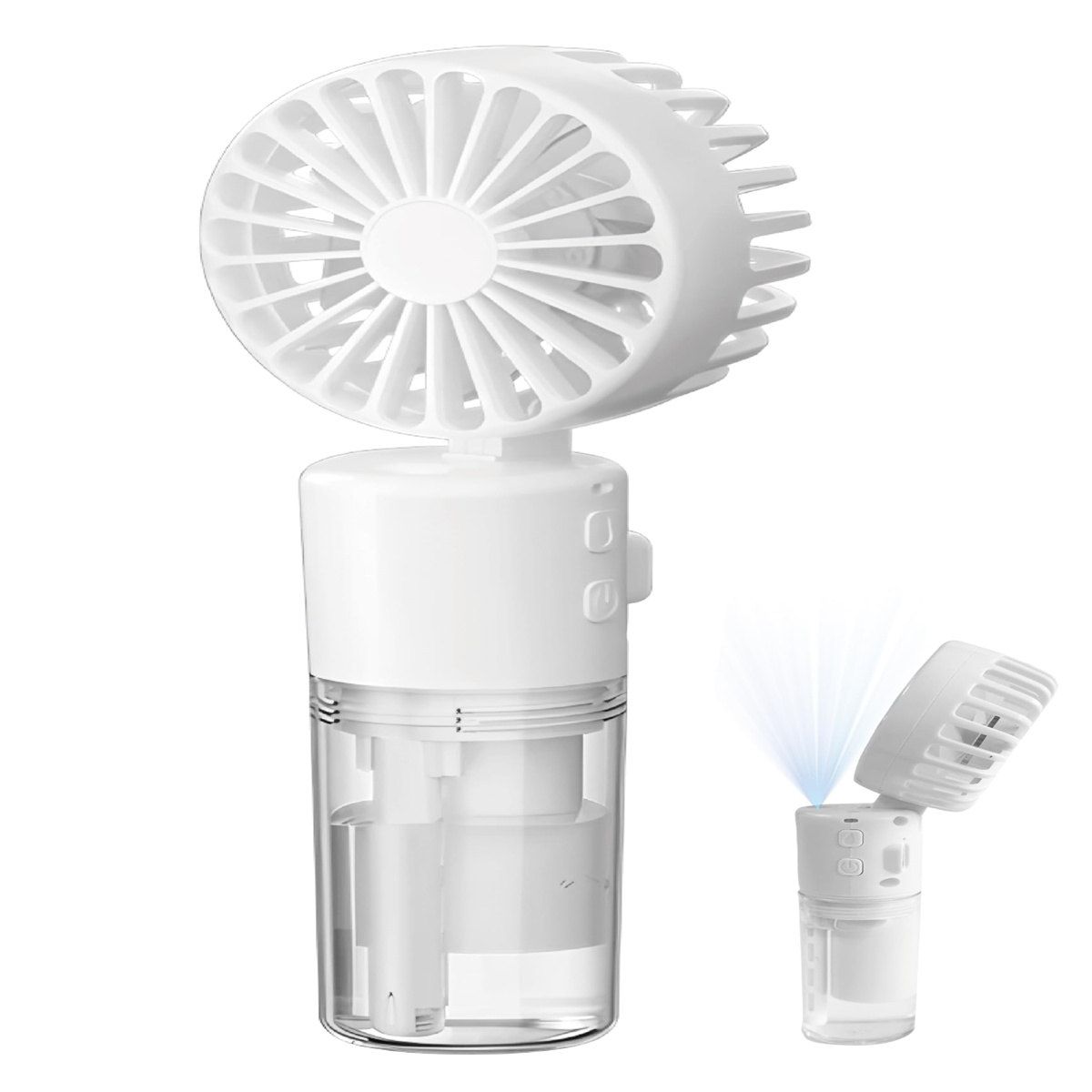 Ein weißer Hand-Sprühventilator auf weißem Hintergrund. Ein zweiter Ventilator ist geöffnet und sprüht.