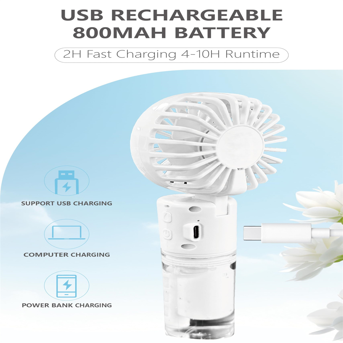 Ein weißer tragbarer Sprühventilator mit USB-Ladeanschluss, Ladekabel und der Möglichkeit, von verschiedenen Quellen zu laden.
