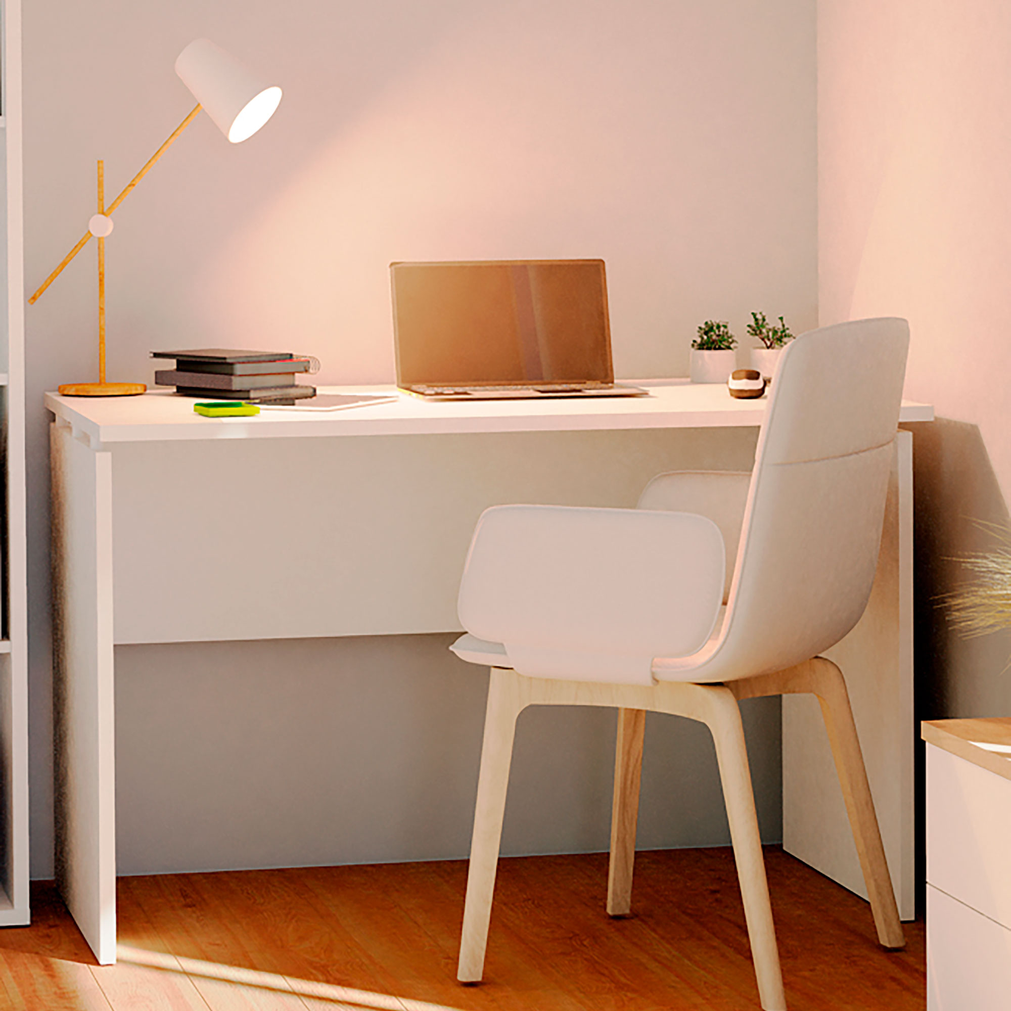 Una escena de oficina bien iluminada con un escritorio blanco, un portátil, una lámpara y una silla.