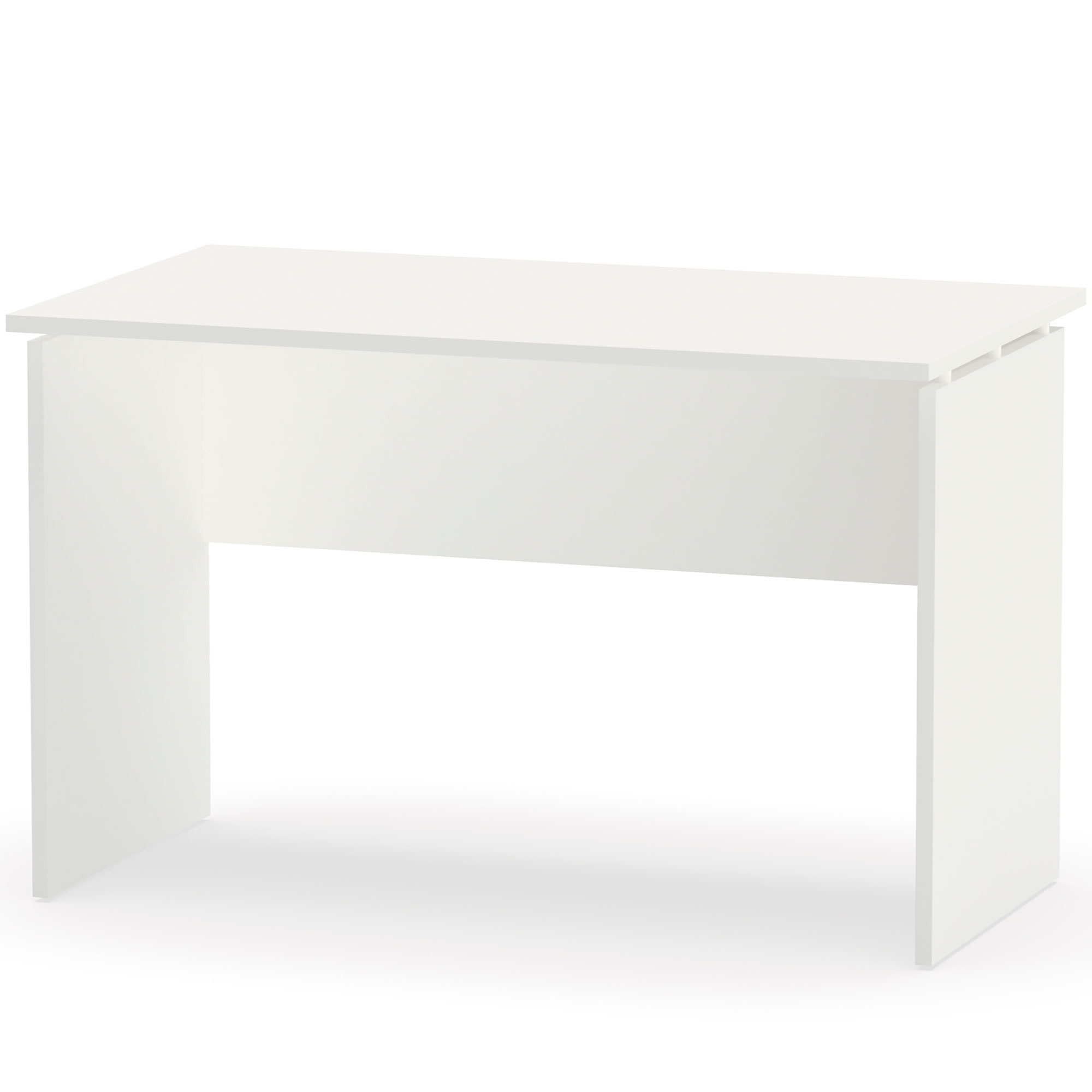 Un escritorio blanco con un diseño simple sobre fondo blanco.