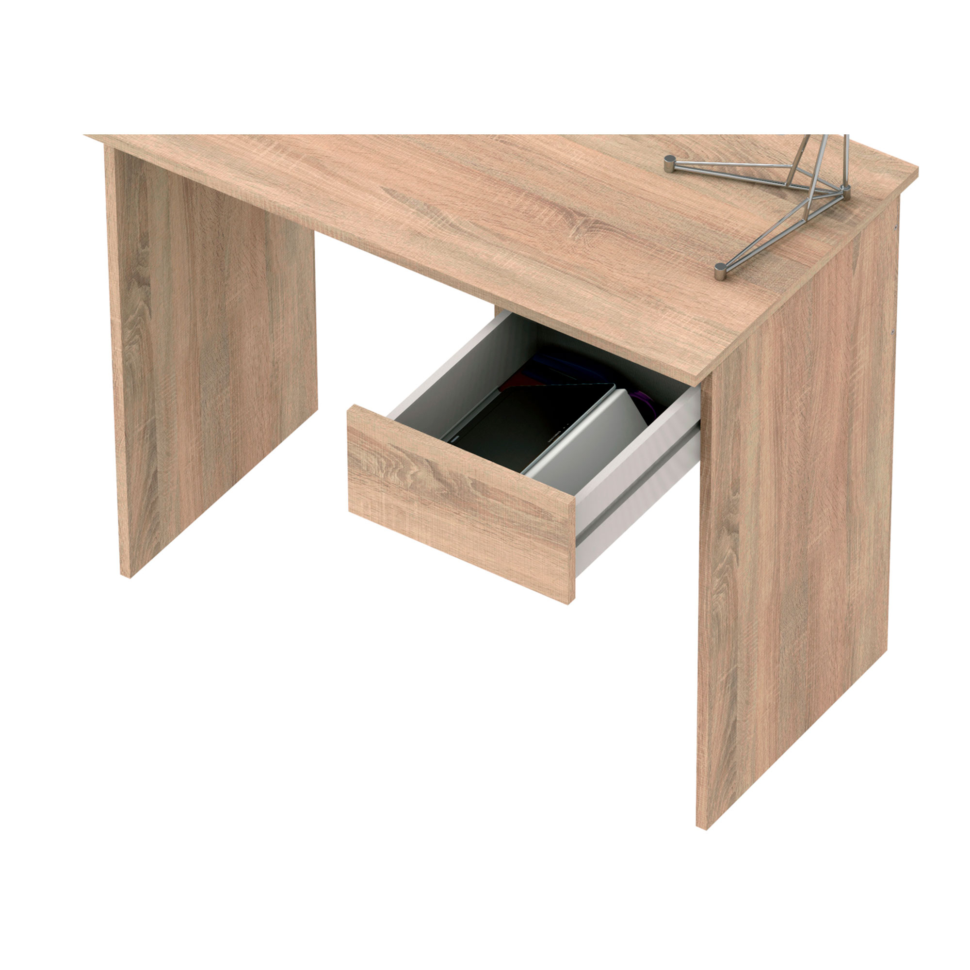 Un escritorio esquinero de madera clara con un cajón abierto. El escritorio tiene un cajón interior blanco.