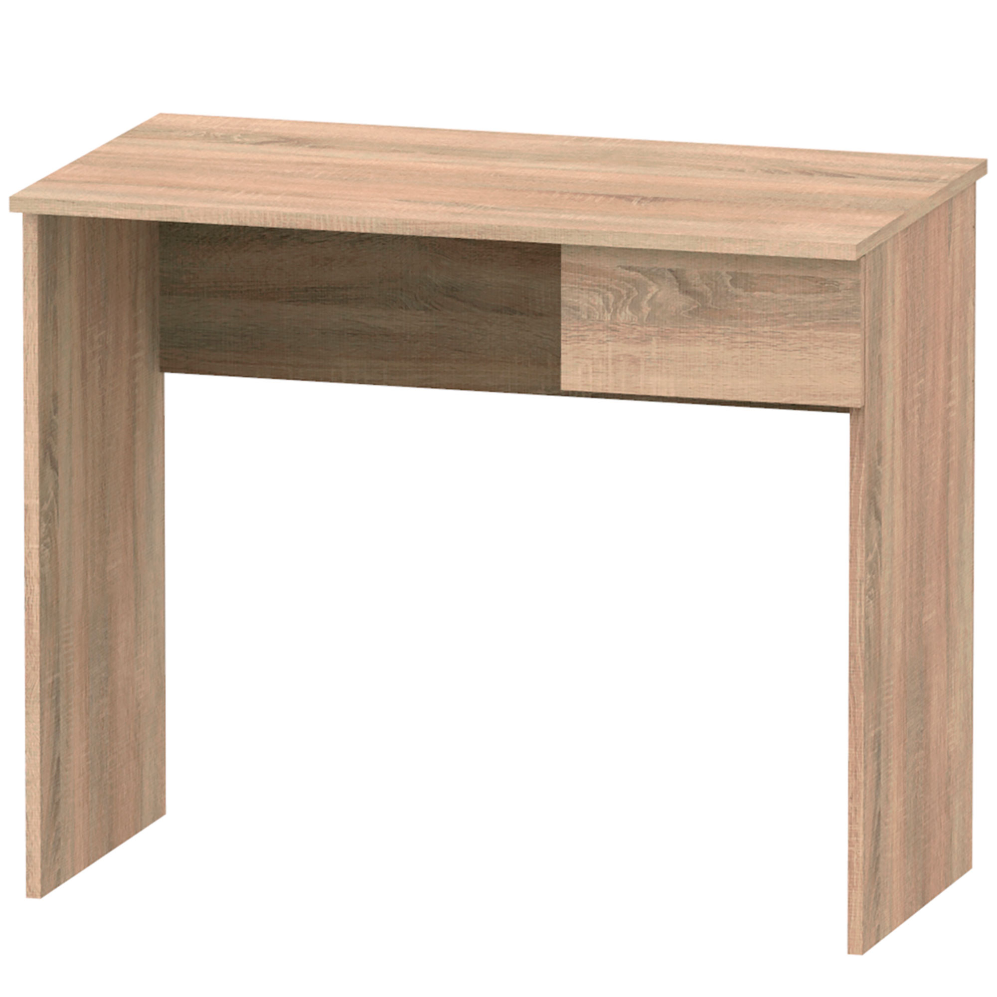 Un escritorio de madera clara con un cajón. El escritorio tiene un diseño sencillo.