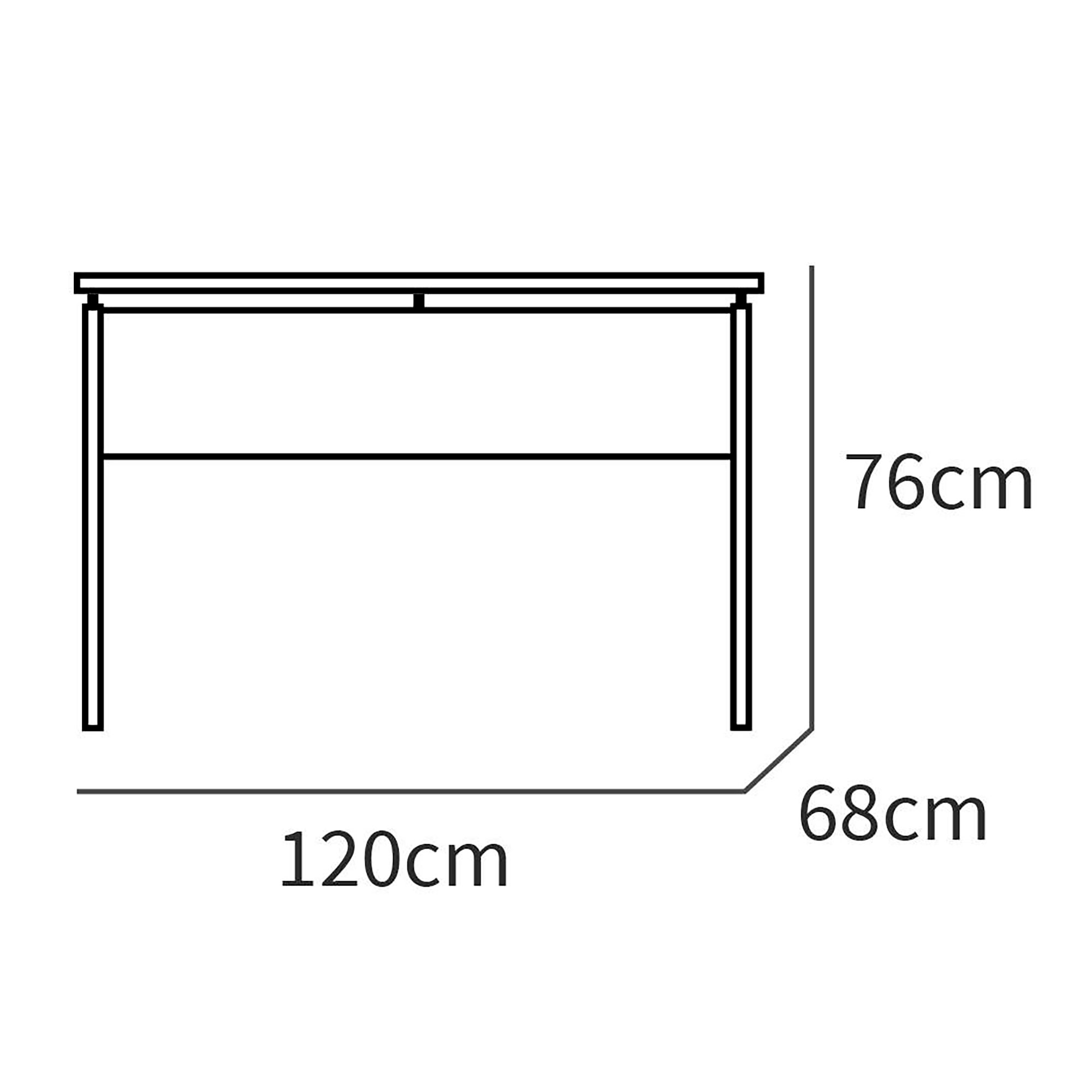 Dibujo lineal de una mesa. La mesa está etiquetada con sus dimensiones: 120 cm de ancho y 76 cm de alto.