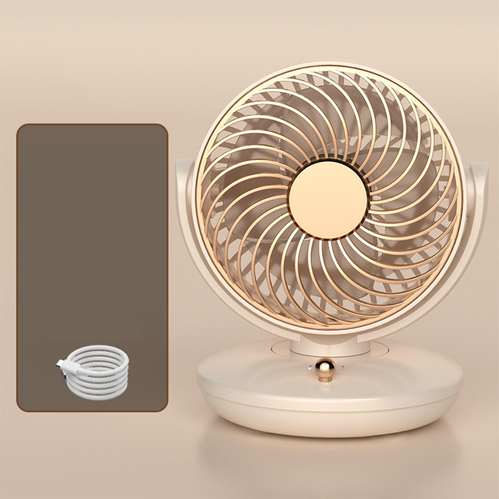 Ein weiß-goldener Ventilator mit Netzkabel und braunem Rechteck. Der Ventilator hat eine Digitalanzeige.