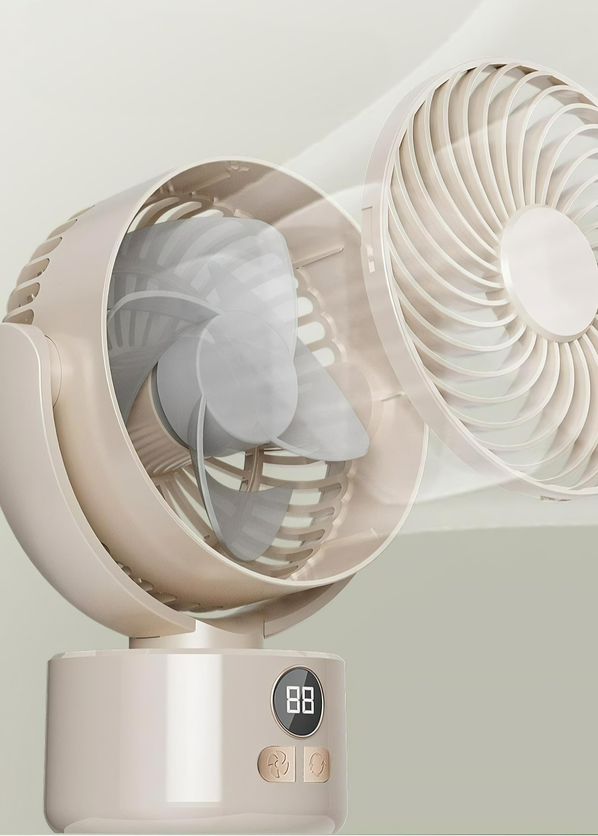 Ein weiß-goldener Ventilator mit freiliegendem Flügel. Er hat eine Digitalanzeige.