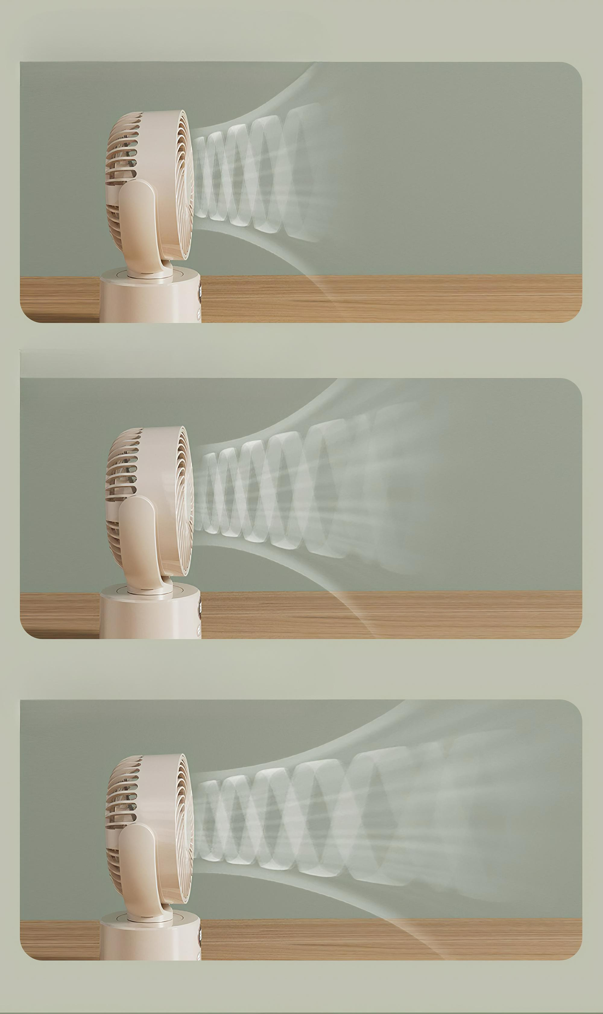 Drei Bilder, die den Luftstrom eines weiß-beigefarbenen Ventilators zeigen. Der Ventilator steht auf einer Holzoberfläche.