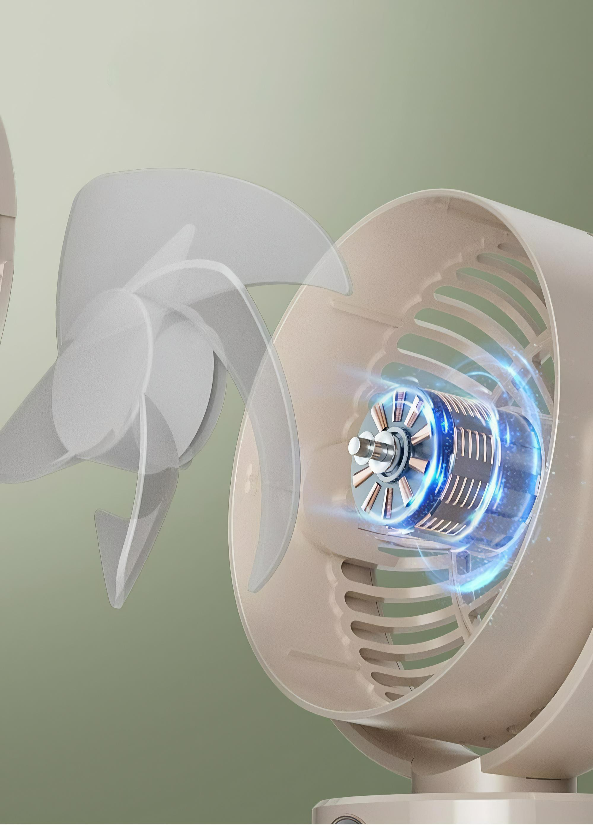 Nahaufnahme eines weiß-goldenen Ventilators mit freiliegenden Flügeln. Der Ventilator zeigt den internen Mechanismus.
