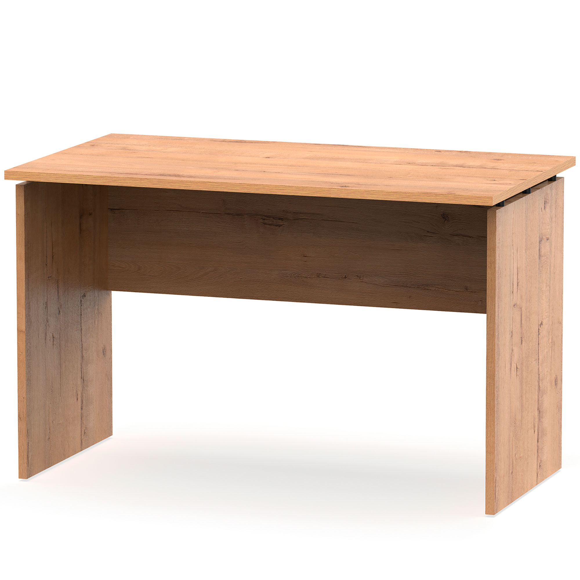 Un escritorio de madera con tapa y patas marrones. El escritorio tiene un diseño simple y está sobre un fondo blanco.