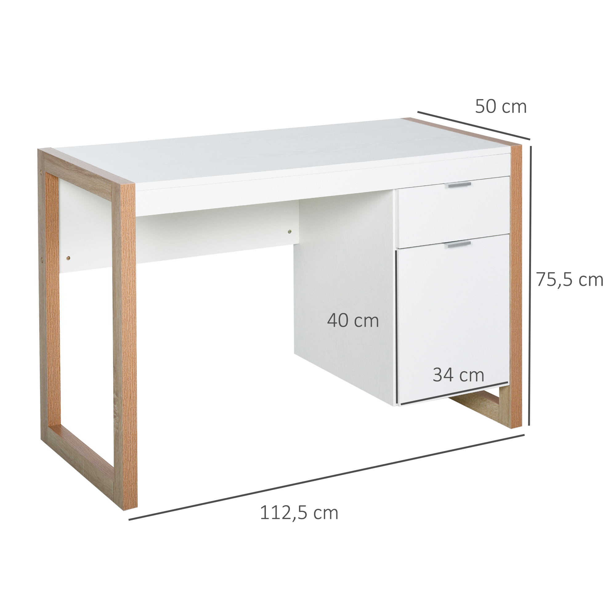 Un escritorio blanco con dimensiones. Tiene un cajón y patas de madera. Las medidas son en centímetros.