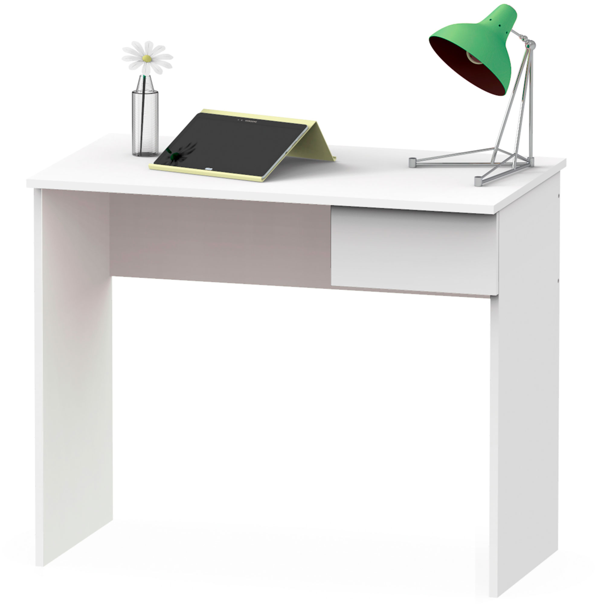 Escritorio blanco con lámpara verde, tableta y florero. El escritorio es limpio y moderno.