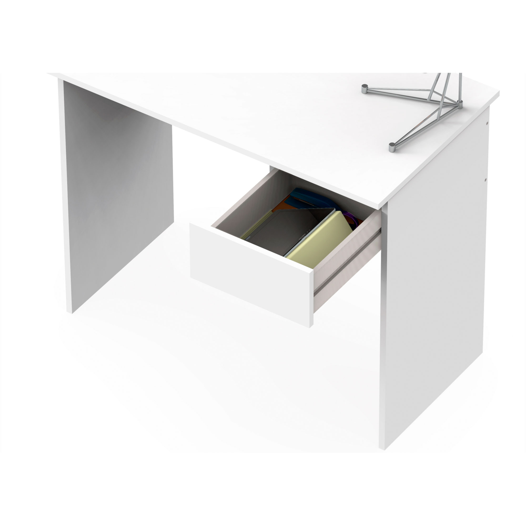 Escritorio blanco con cajón abierto. Algunos libros y artículos de papelería están dentro del cajón.