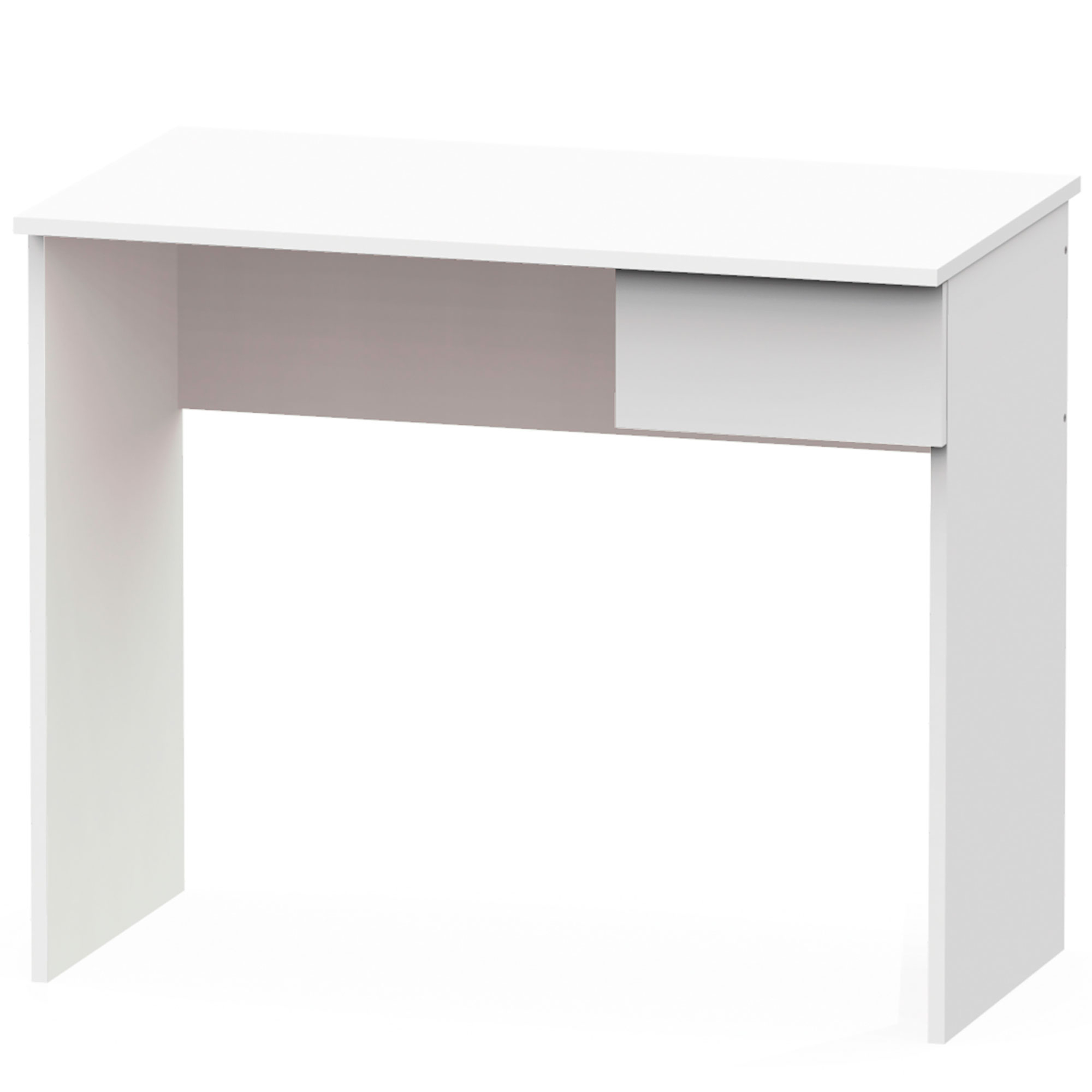 Un escritorio simple, blanco. Tiene un cajón en el lado derecho y está vacío.