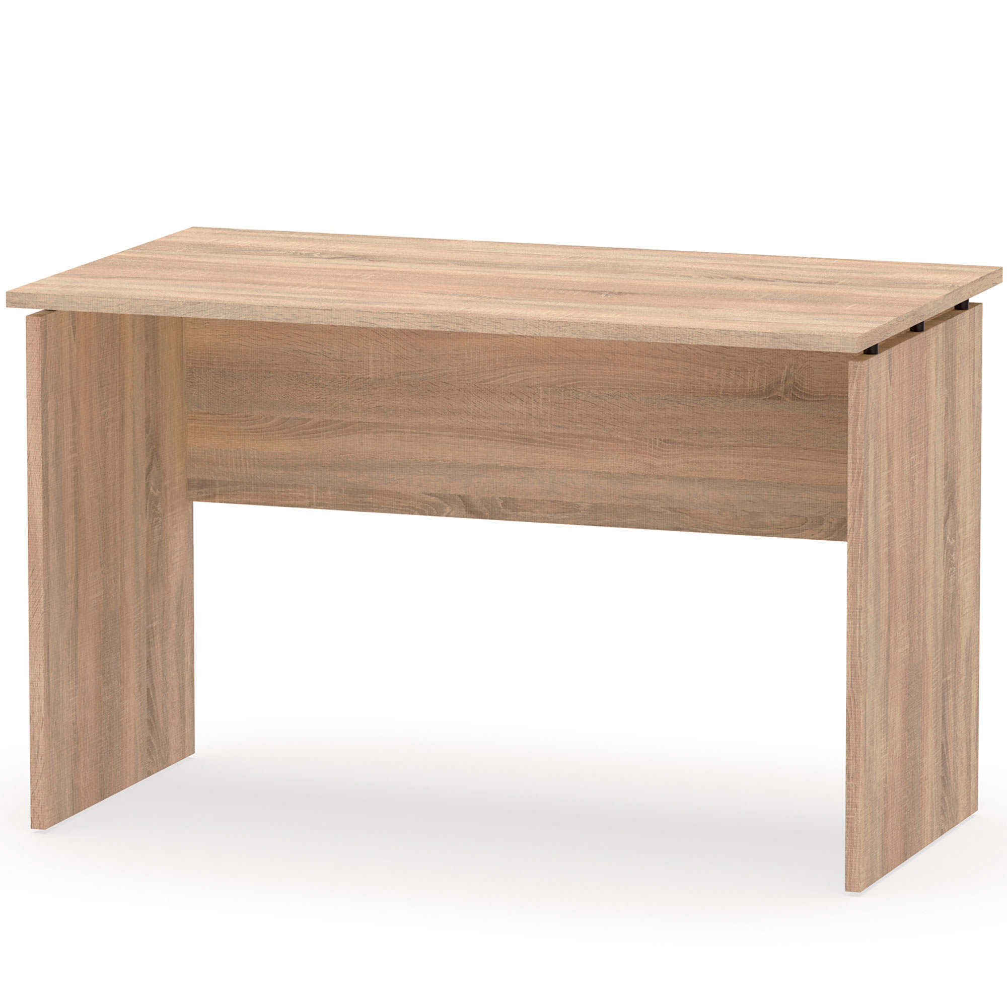 Un escritorio de madera con un diseño simple, sobre un fondo blanco liso.