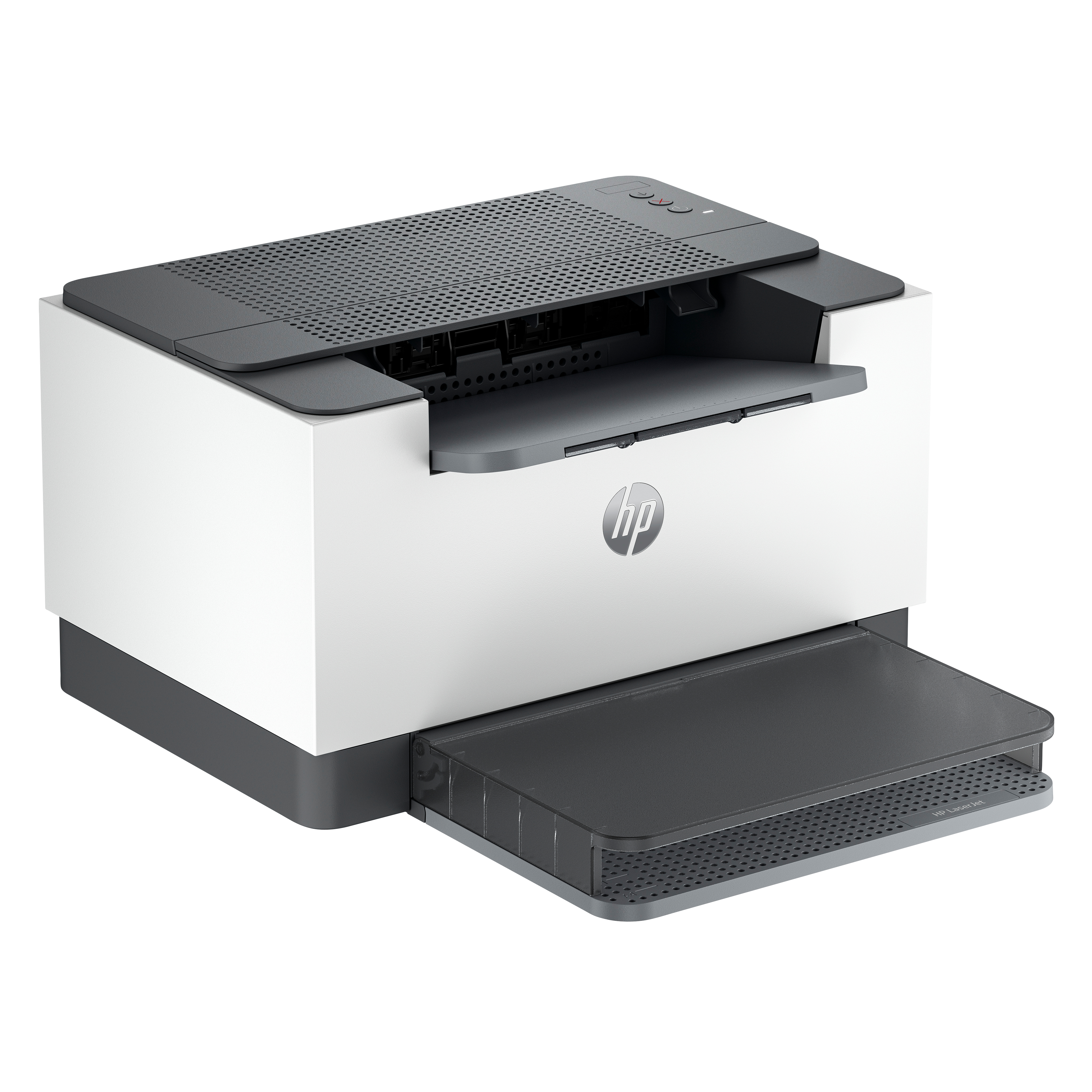 Una impresora HP LaserJet, blanca y gris, con la bandeja de papel extendida.