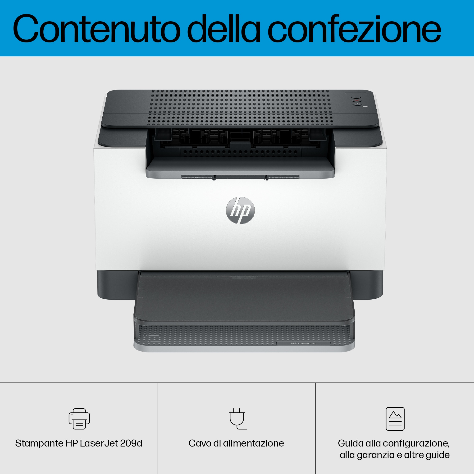 Diagrama que muestra el contenido del paquete de la impresora HP LaserJet 209d, con iconos y texto.