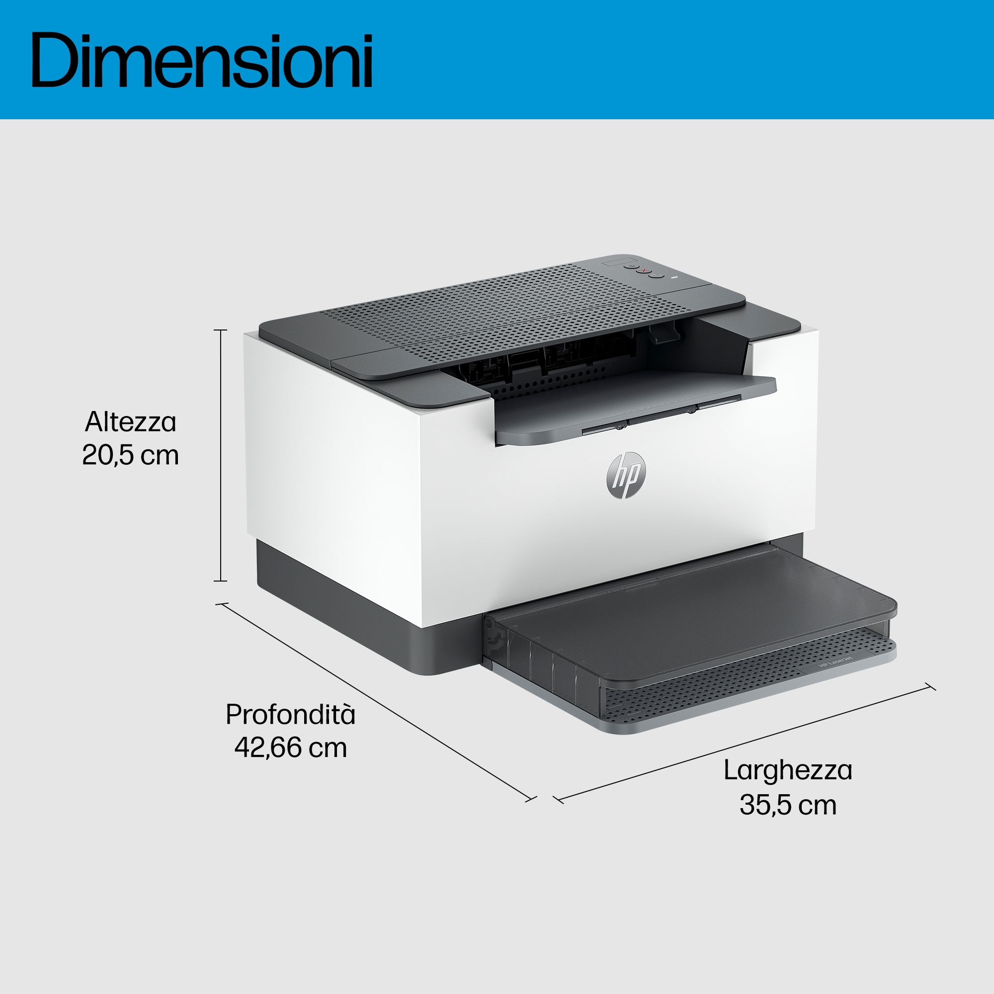 Impresora con dimensiones. La impresora es blanca y negra con la bandeja de papel extendida.