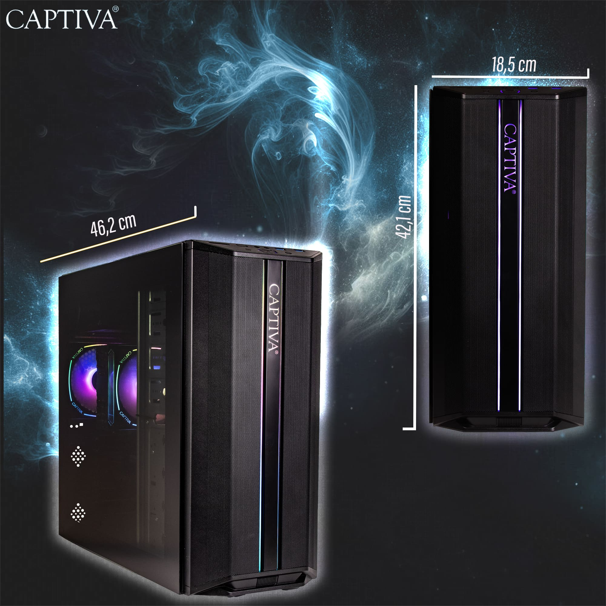 Zwarte computer met Captiva-logo, afmetingen getoond en interne verlichting.