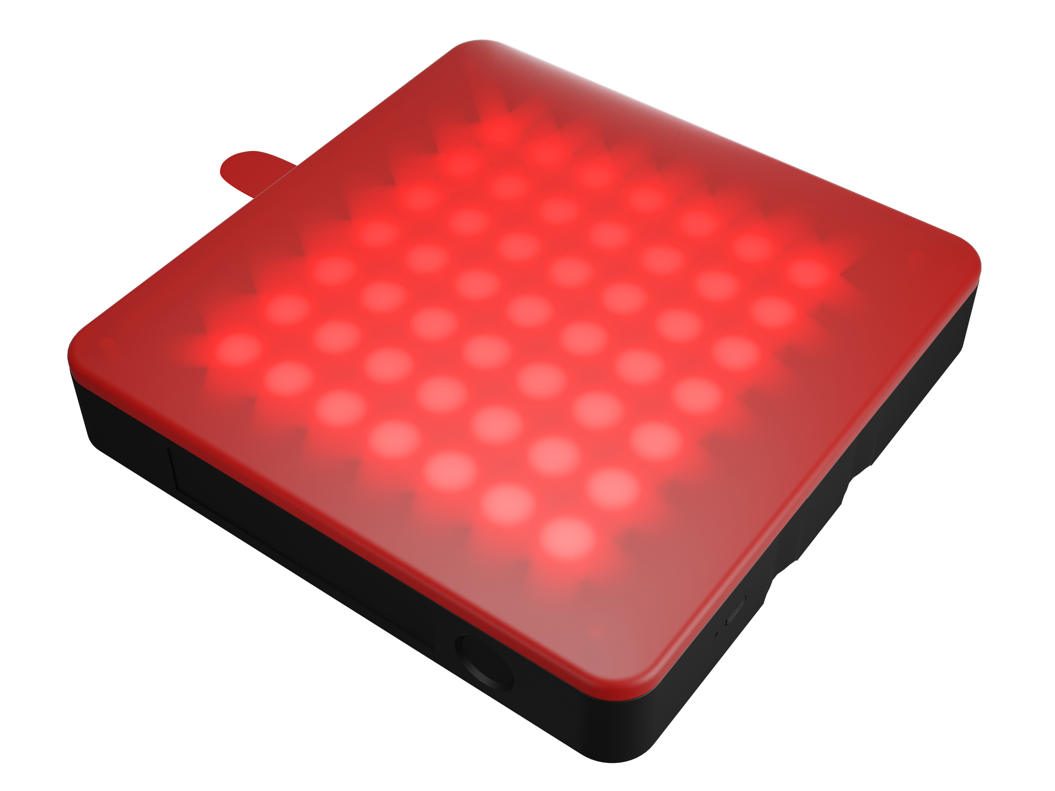 Dispositivo cuadrado con muchos LEDs rojos sobre fondo blanco, con cubierta roja y marco negro.