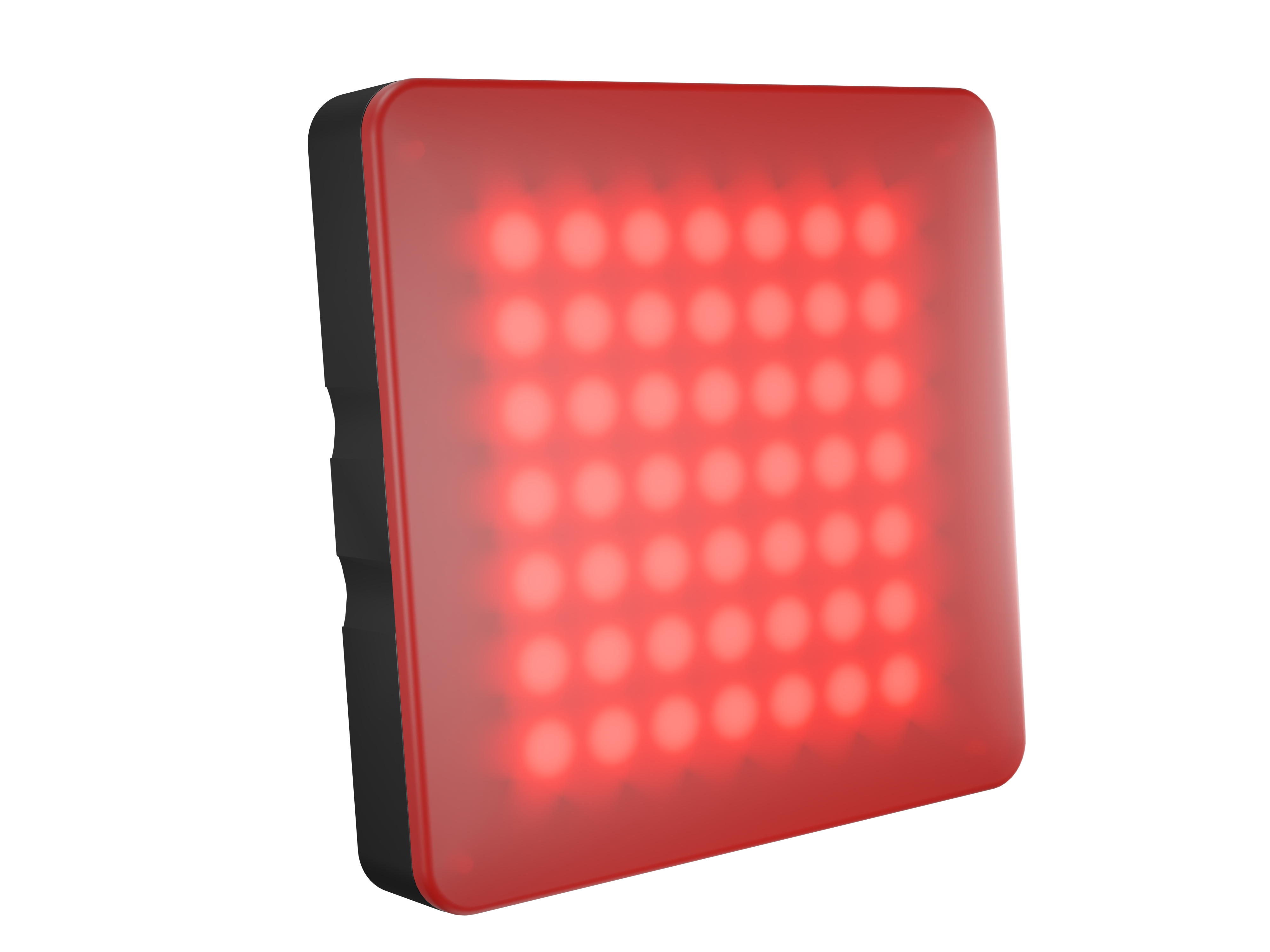 Un dispositivo cuadrado rojo con una cuadrícula de luces rojas y bordes negros.