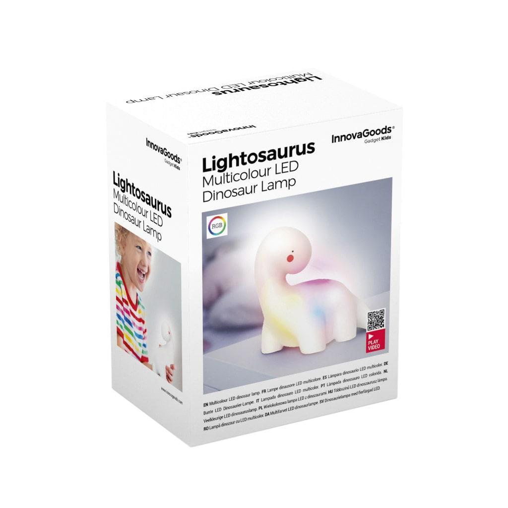 Una scatola del prodotto che mostra una lampada a dinosauro Lightsaurus con funzioni di cambio colore.