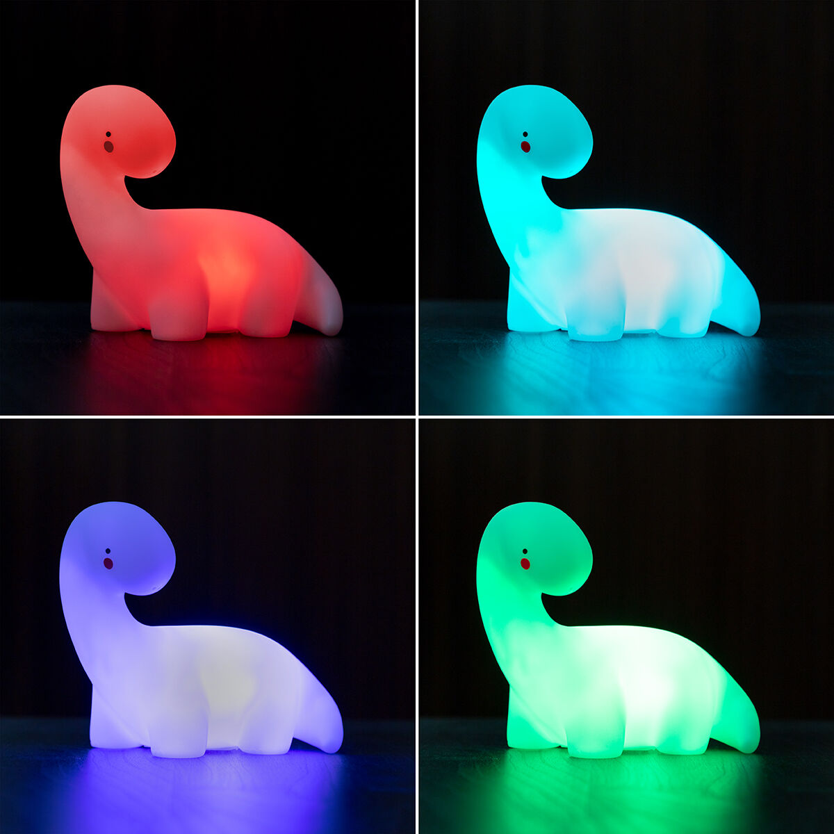 Quattro luci notturne a dinosauro, ognuna con un colore diverso: rosso, blu, viola e verde.