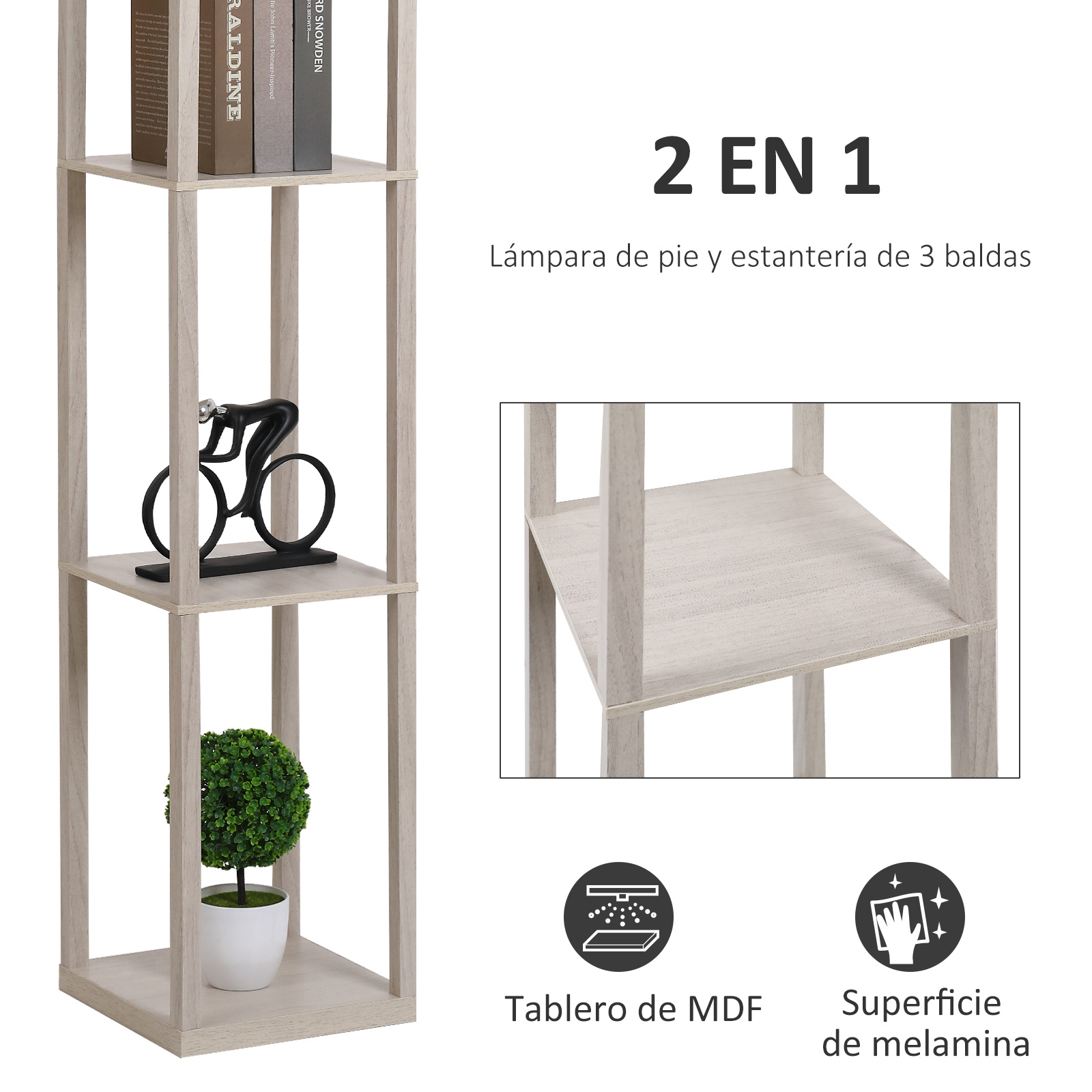 Una estantería de madera clara con 3 estantes. Tiene una bicicleta pequeña.